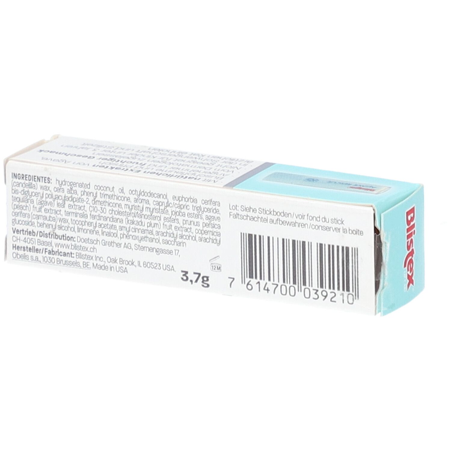 Emballage Blistex Agave Rescue. Ingrédients et poids. Boîte blanche avec texte.