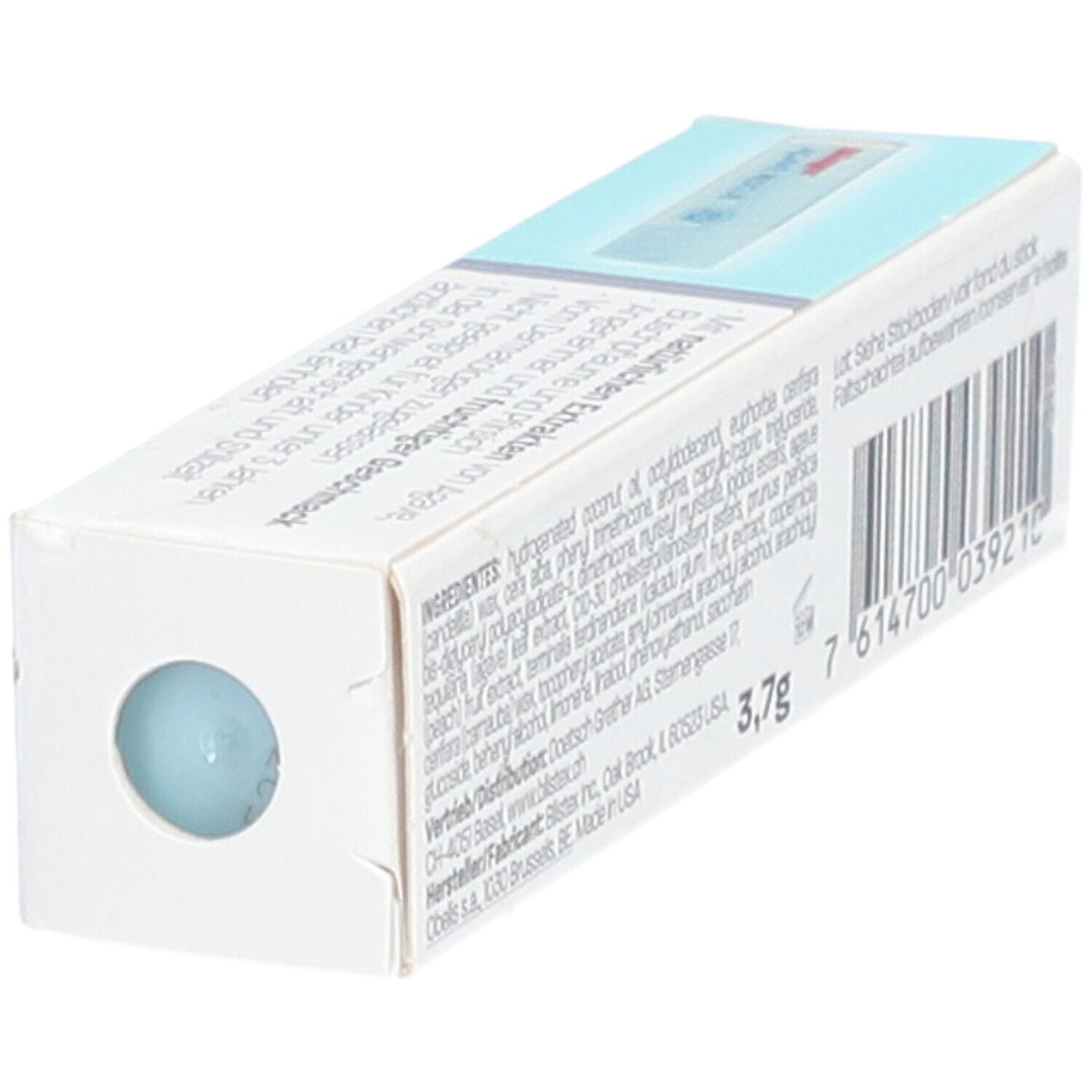 Emballage Blistex Agave Rescue. Ingrédients et poids. Boîte blanche avec texte.