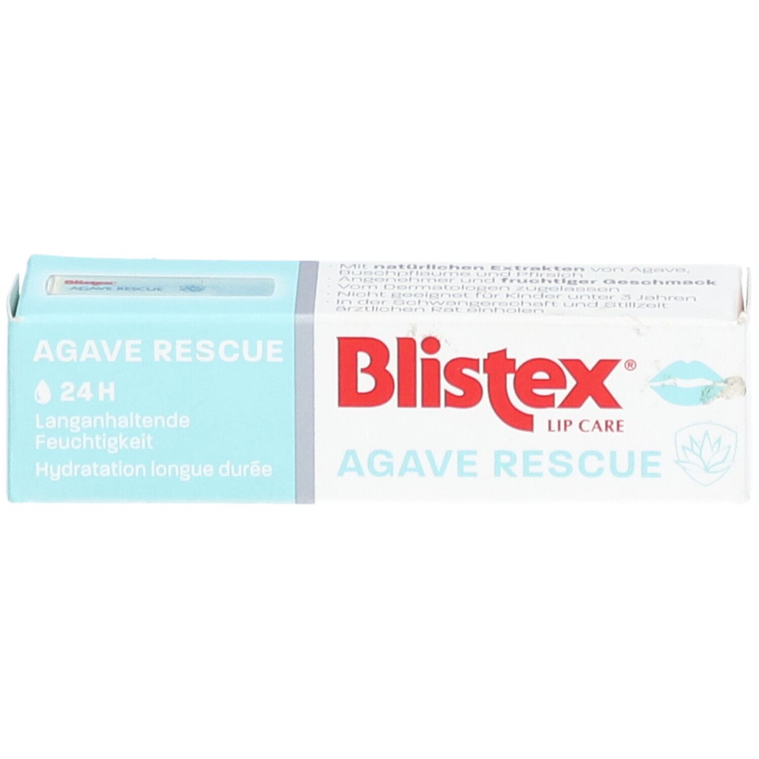 Emballage Blistex Agave Rescue. Boîte turquoise et blanche. Nom et logo du produit visibles.