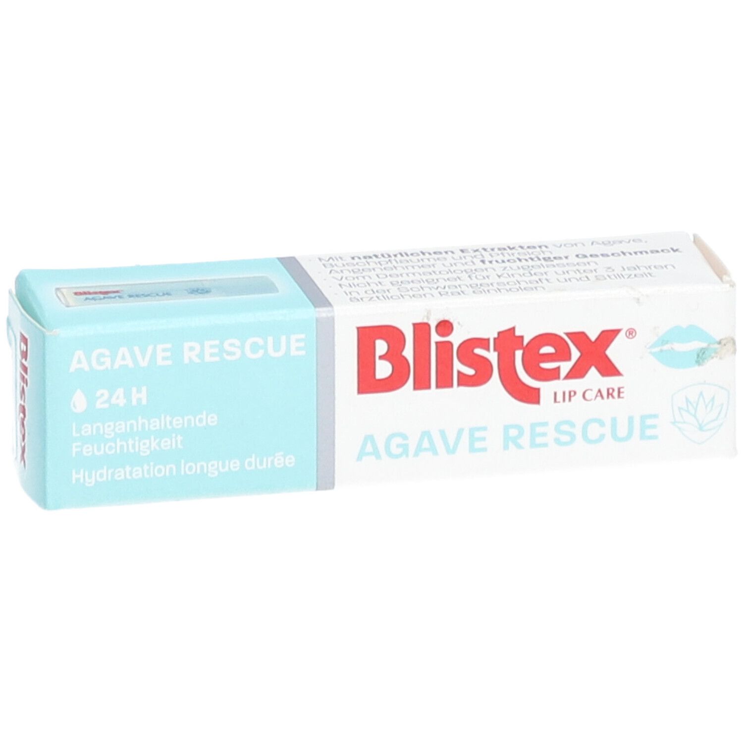 Emballage Blistex Agave Rescue. Boîte turquoise et blanche. Nom et logo du produit visibles.