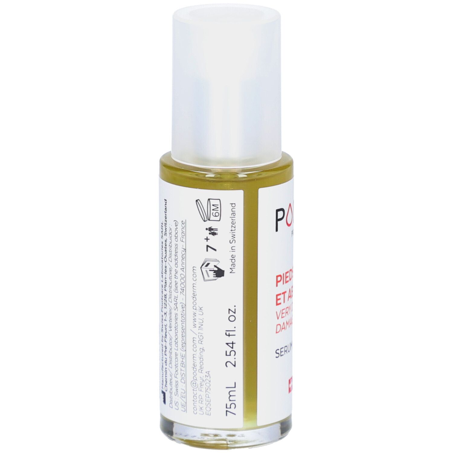 Flacon de sérum avec bouchon blanc. Inscription : PODERM, PIEDS TRÈS SECS ET ABÎMÉS, VERY DRY AND DAMAGED FEET, SERUM, Swiss Made. 75ml.