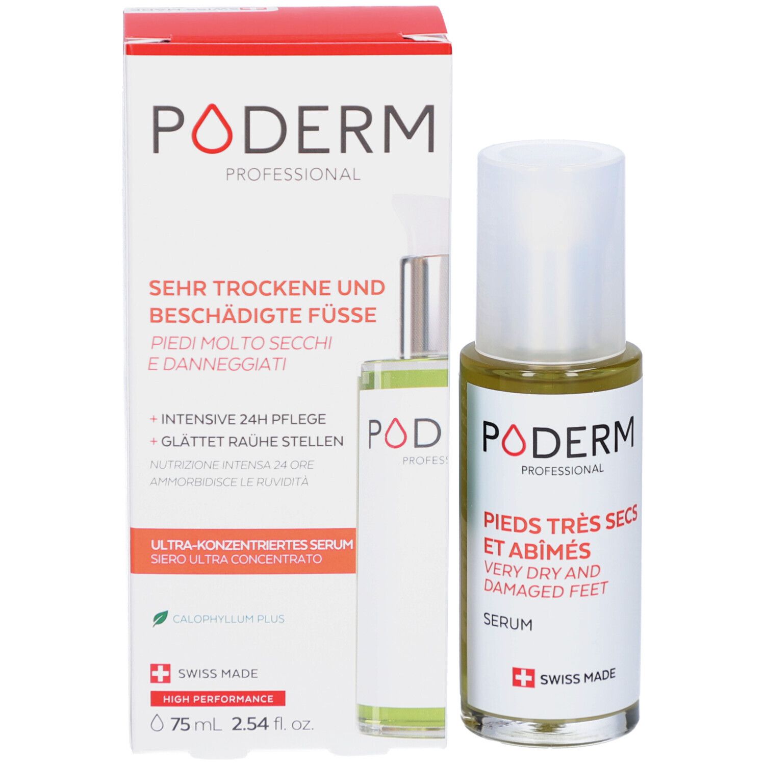 Emballage du produit et flacon de sérum. Inscription : PODERM, PIEDS TRÈS SECS ET ABÎMÉS, SÉRUM ULTRA-CONCENTRÉ, 75ml.
