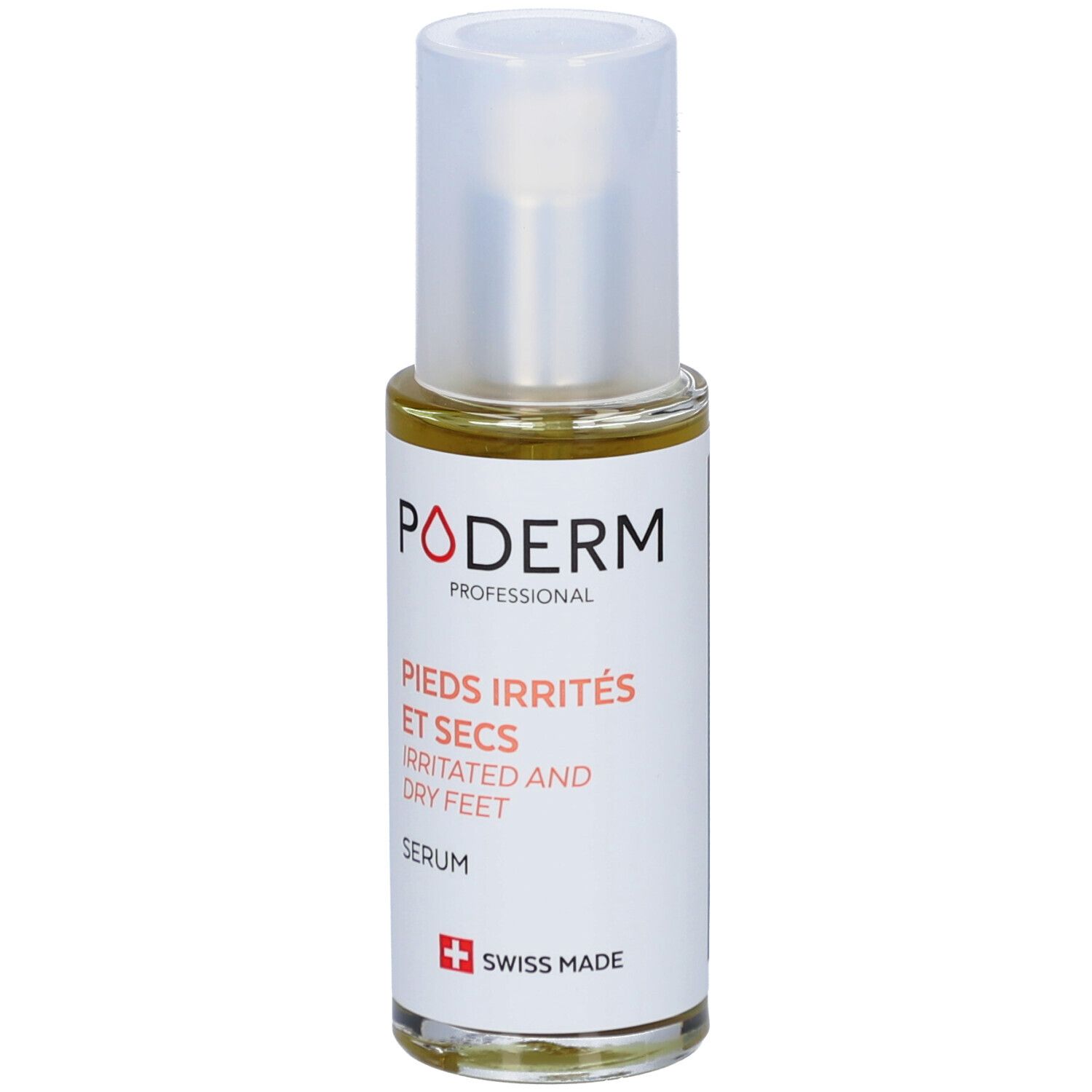 Flacon de sérum avec bouchon blanc. Inscriptions: PODERM, PIEDS IRRITÉS ET SECS, IRRITATED AND DRY FEET, SERUM, Swiss Made.