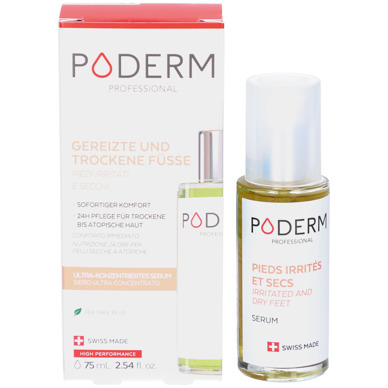 Produit avec emballage. Inscriptions: PODERM, PIEDS IRRITÉS ET SECS. 75 ml, 2.54 fl. oz.