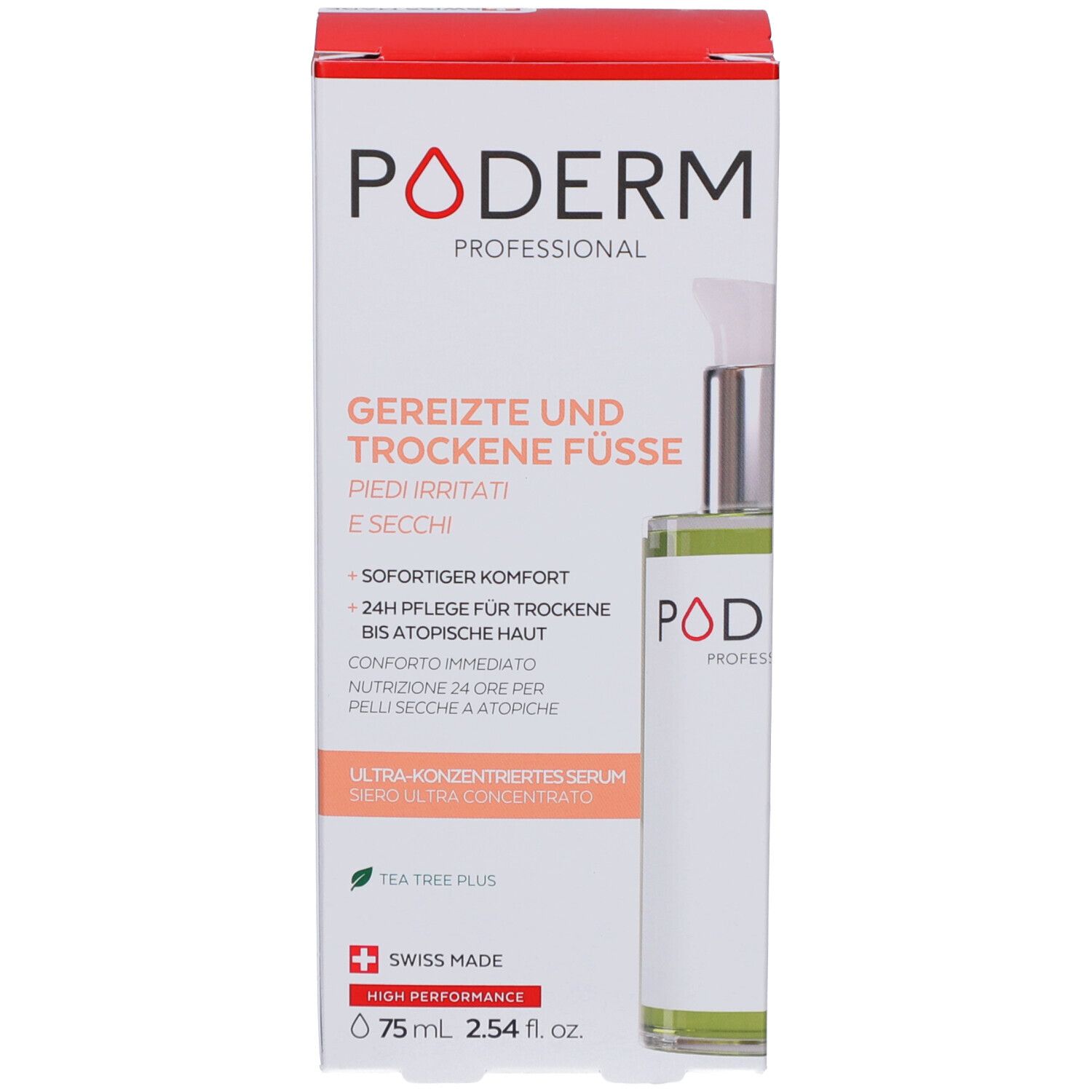 Produit avec emballage. Inscriptions: PODERM, PIEDS IRRITÉS ET SECS. 75 ml, 2.54 fl. oz.
