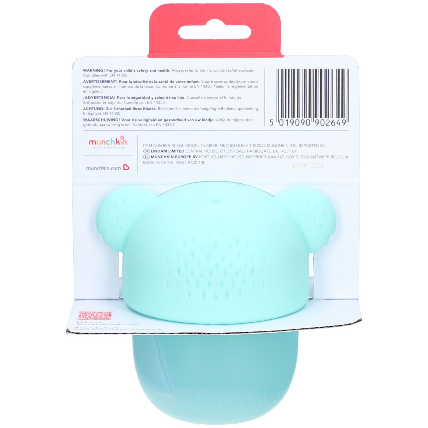 Achteraanzicht van de lichtblauwe drinkbeker met koala-ontwerp. Productverpakking met barcode en tekst.