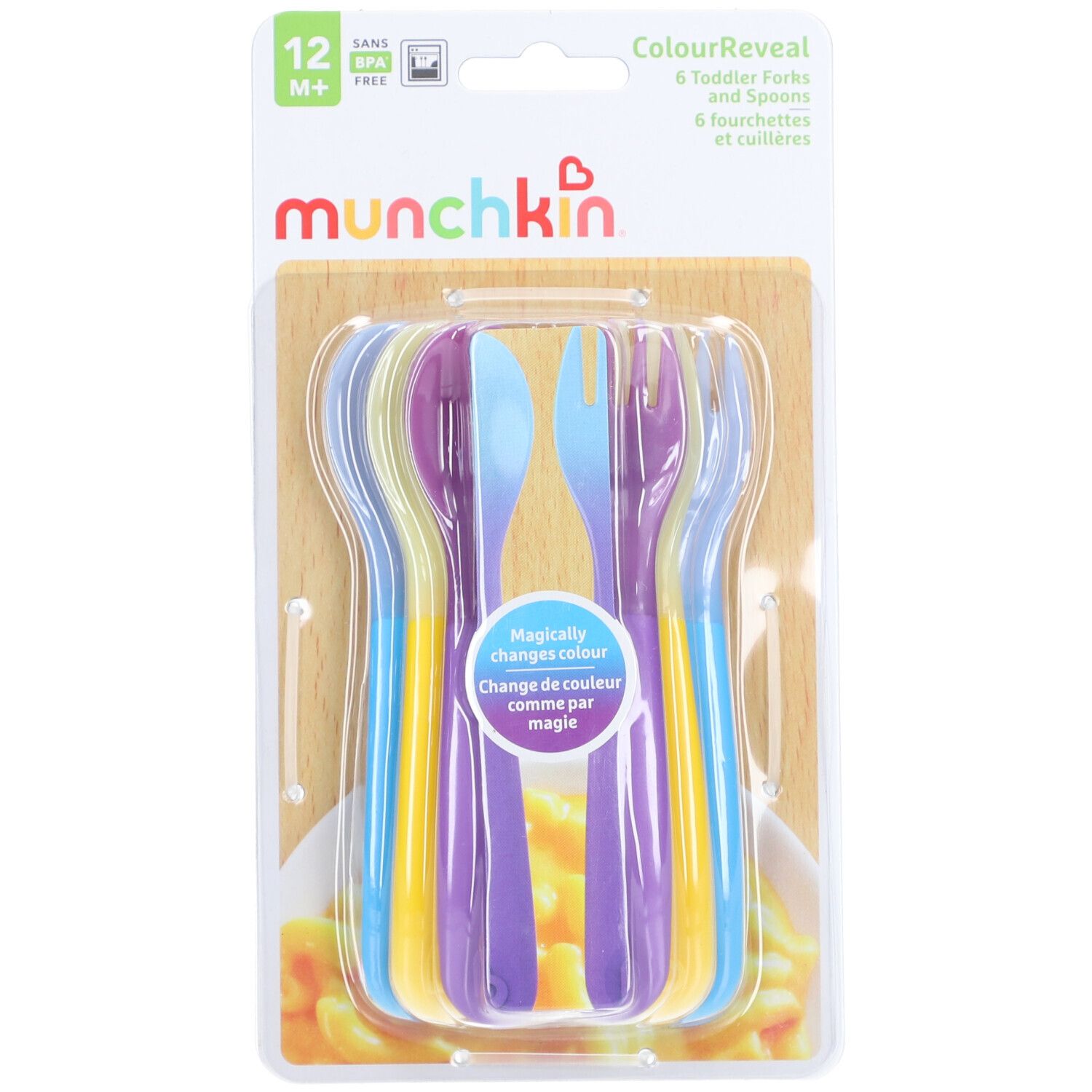 Zes gekleurde vorken en lepels in verpakking. Opschrift "ColourReveal" en "munchkin".
