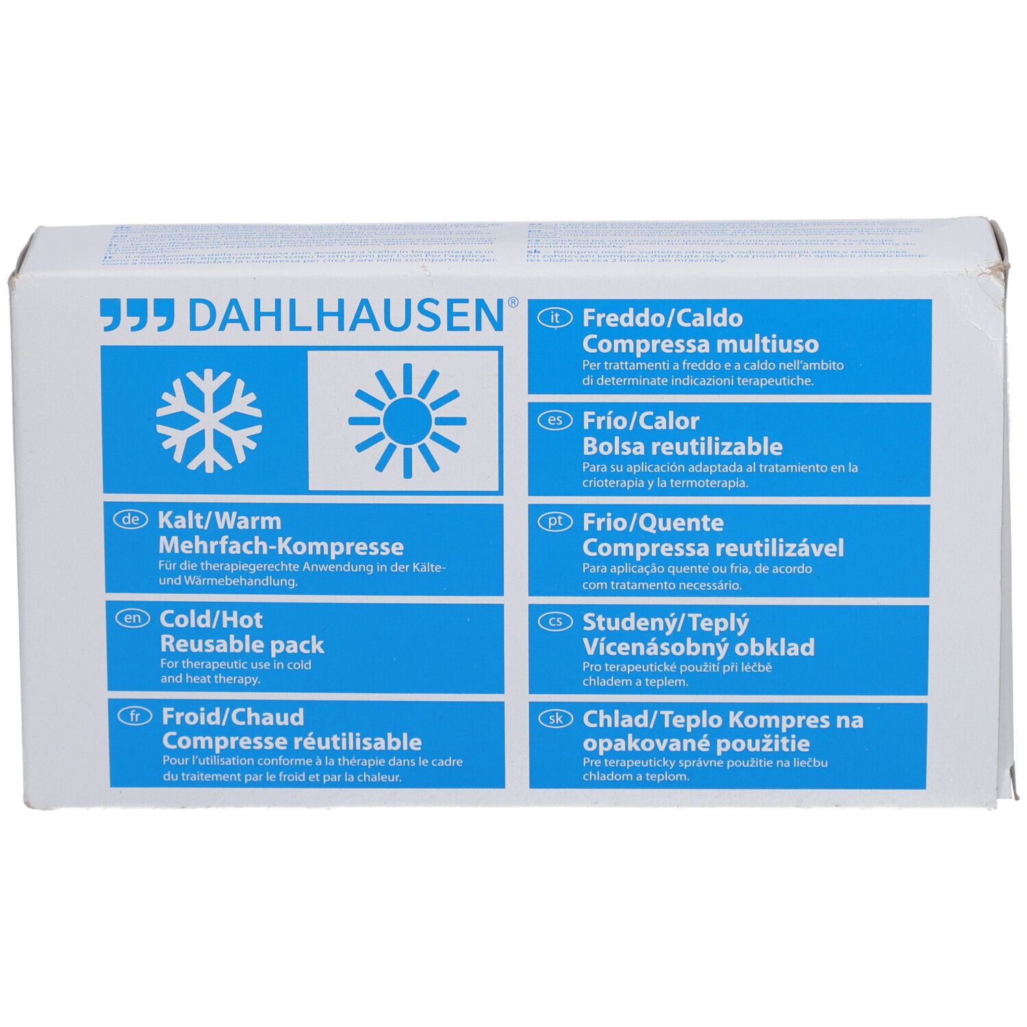 Witte verpakking met blauwe elementen. Merk DAHLHAUSEN. Tekst: Kalt/Warm Mehrfach-Kompresse, Cold/Hot Reusable pack, Froid/Chaud.