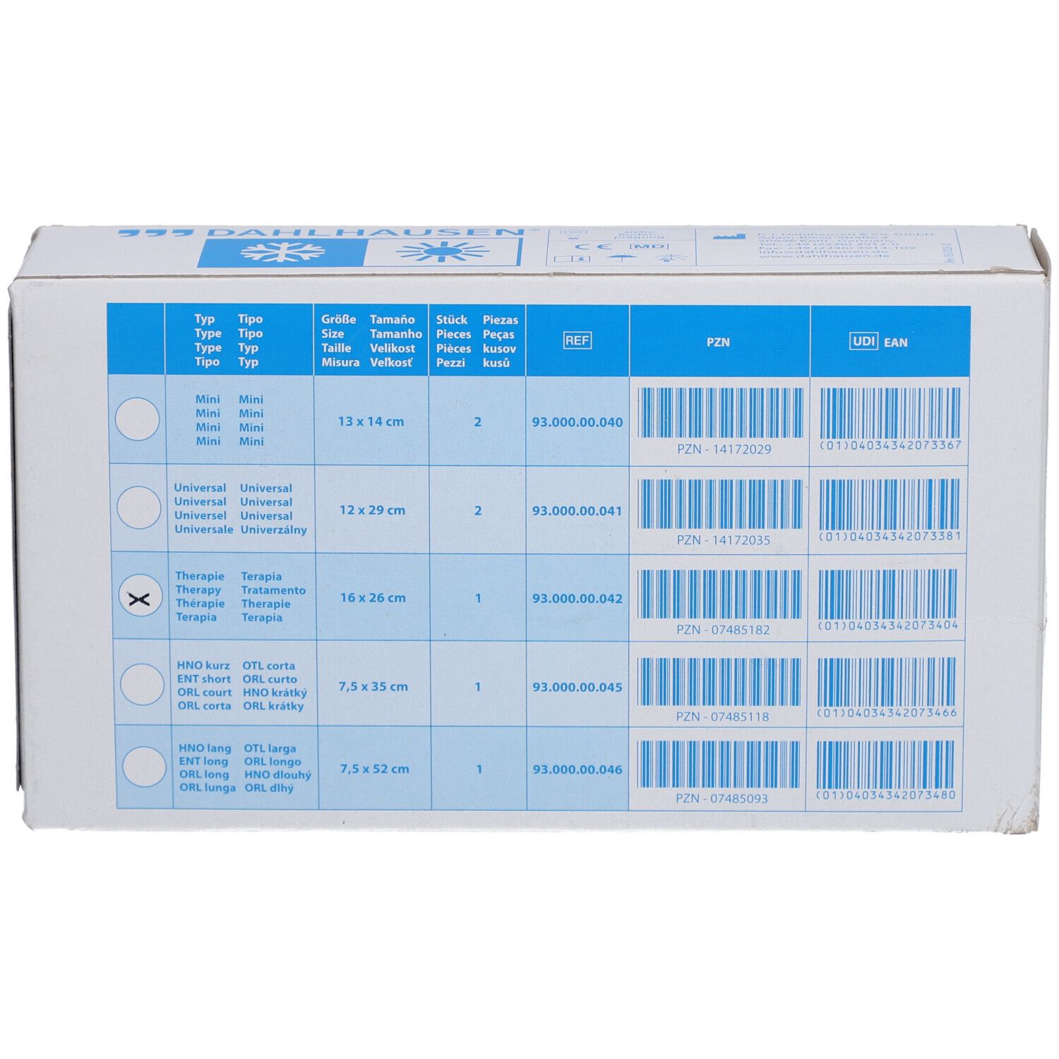 Verpakking met tabellen en barcodes. Merk DAHLHAUSEN. Tabellen met productinformatie. Barcodes en referentienummers.