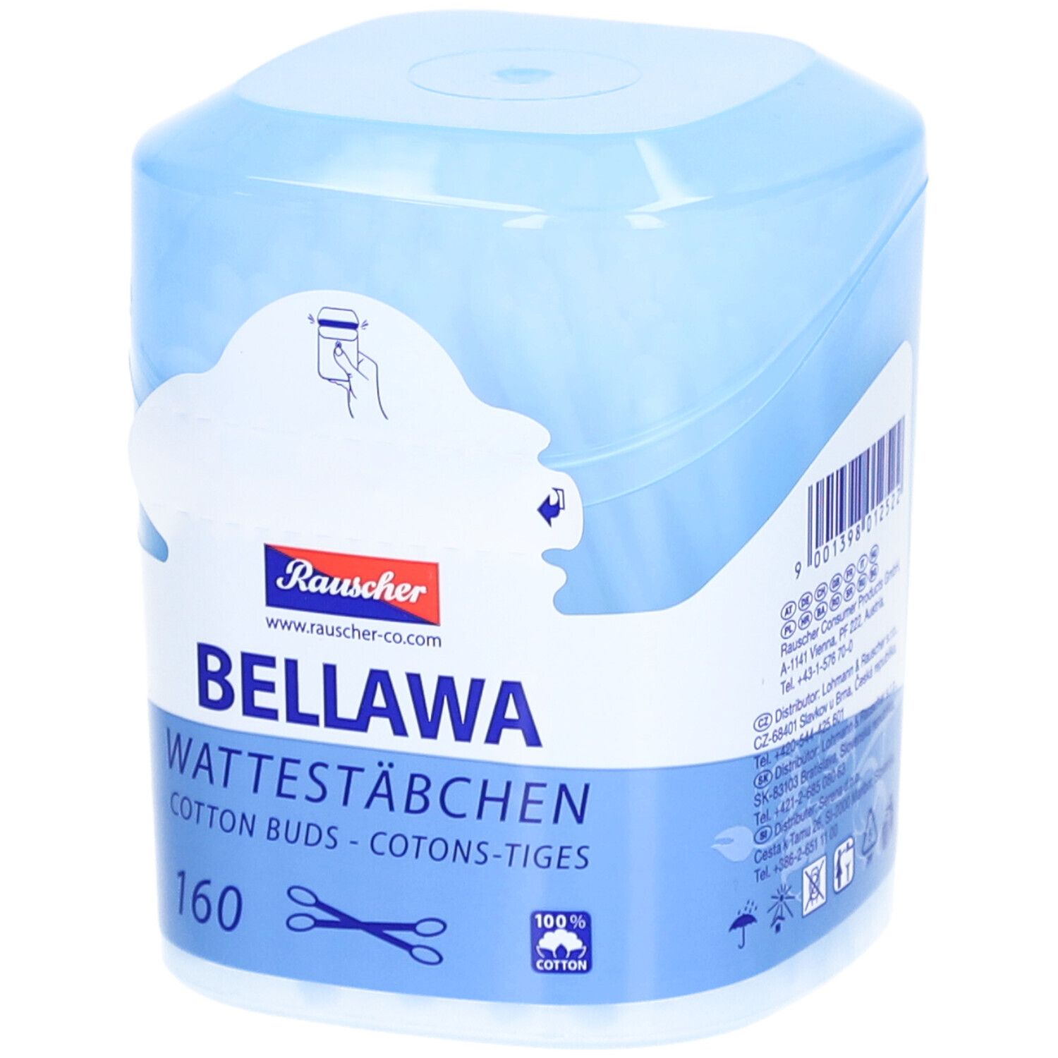 Coton-tiges Bellawa dans un contenant en plastique bleu, 160 pièces, 100% coton.