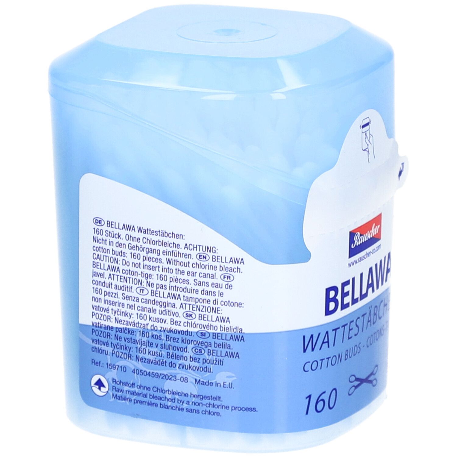 Coton-tiges Bellawa, 160 pièces, blanchis sans chlore, dans un conteneur bleu en plastique.
