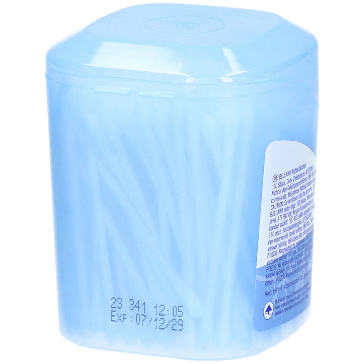 Boîte bleue claire en plastique avec cotons-tiges. Contient 150 pièces. Date d'expiration : 07/12/29.