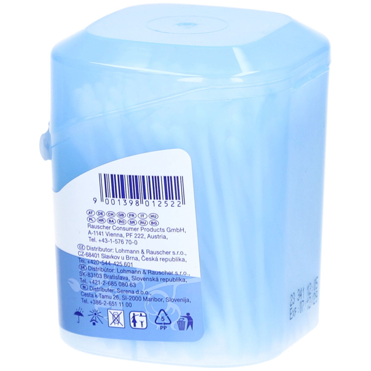 Boîte bleue claire en plastique avec des cotons-tiges. Comprend un code-barres et des informations produit.