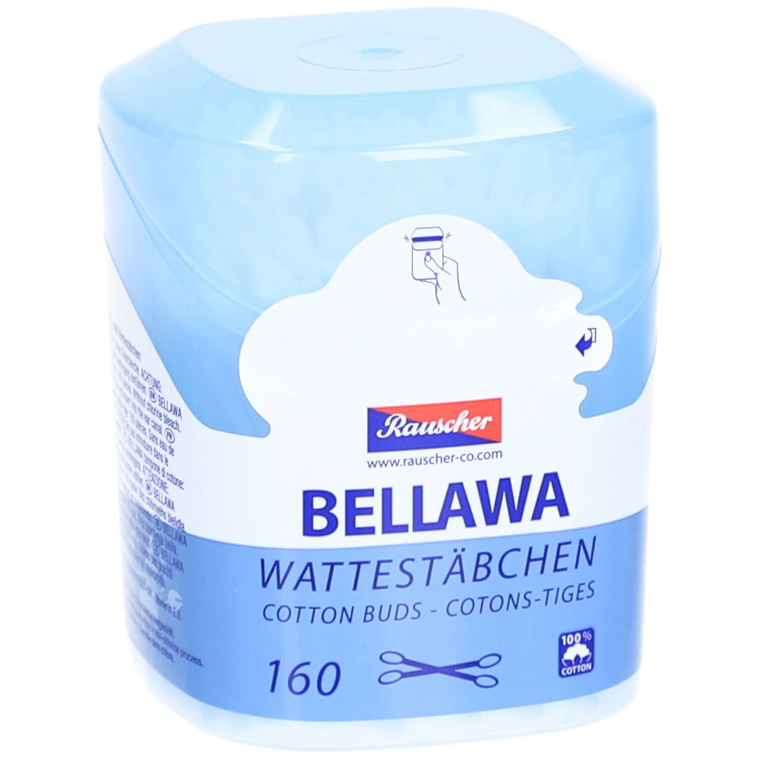 Coton-tiges Bellawa dans un récipient bleu, 160 pièces.