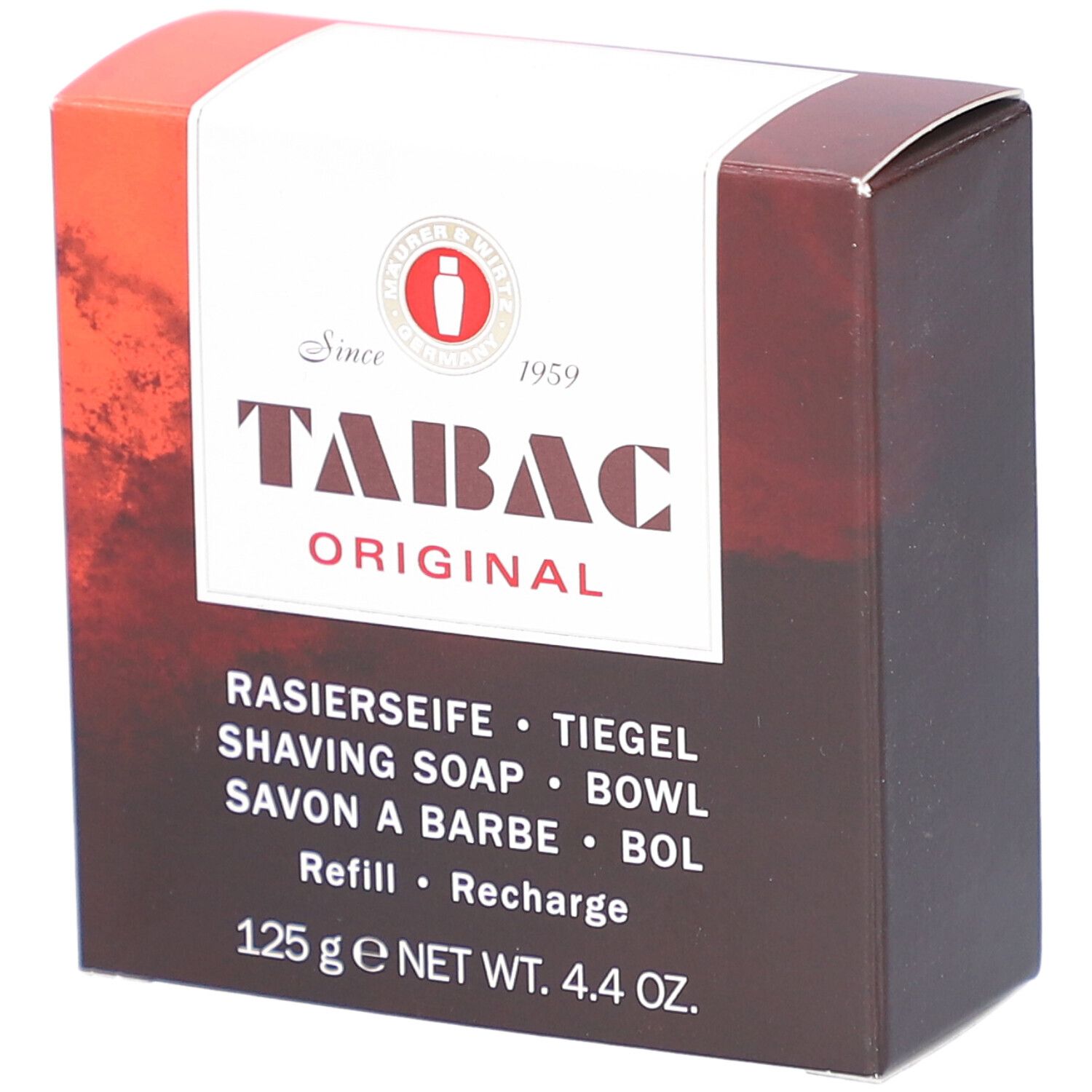 Verpakking van TABAC Original scheerzeep. Tekst: Rasierseife, 125 g. Kleuren: bruin, wit en rood.
