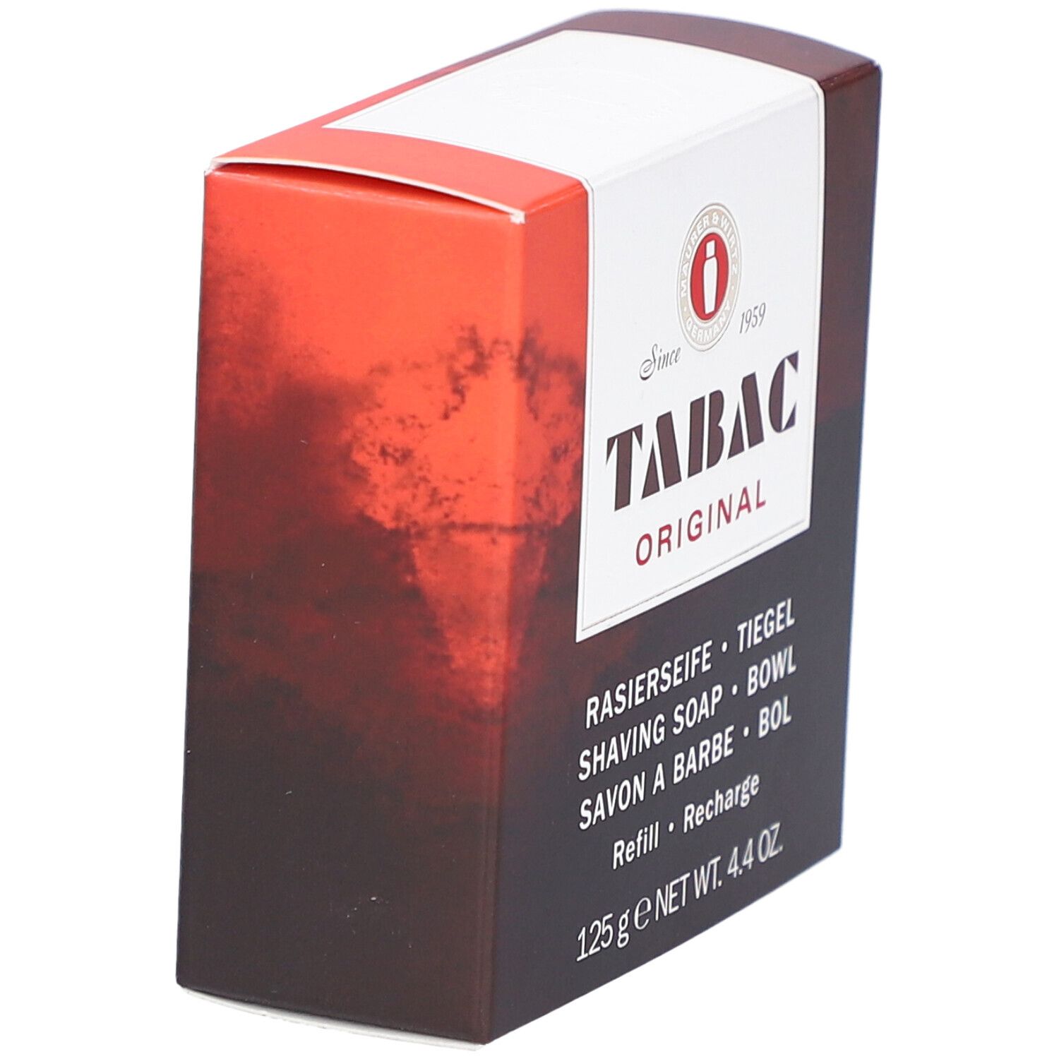 Verpakking van scheerzeep. Merk TABAC Original. Kleuren: bruin, wit en rood. Tekst: Rasierseife, 125 g.
