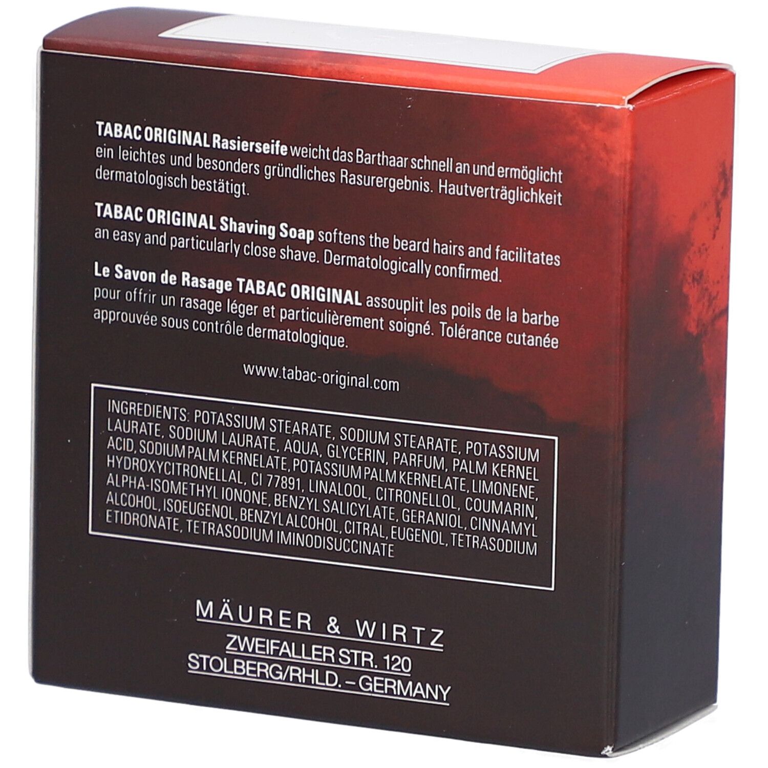 Achterkant van de scheerzeepverpakking. Tekst in het Duits, Engels en Frans. Ingrediënten. Fabrikantenadres.