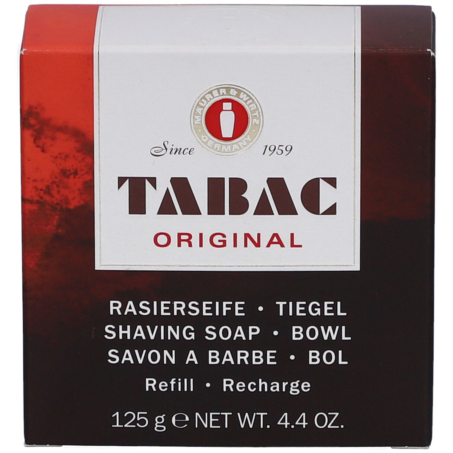 Verpakking van TABAC Original scheerzeep. Tekst: Rasierseife, 125 g. Kleuren: bruin, wit en rood.