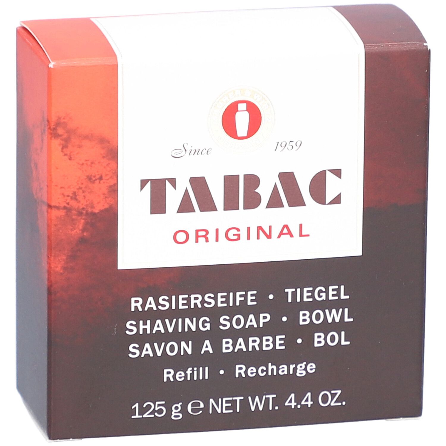 Verpakking van TABAC Original scheerzeep. Tekst: Rasierseife, 125 g. Kleuren: bruin, wit en rood.