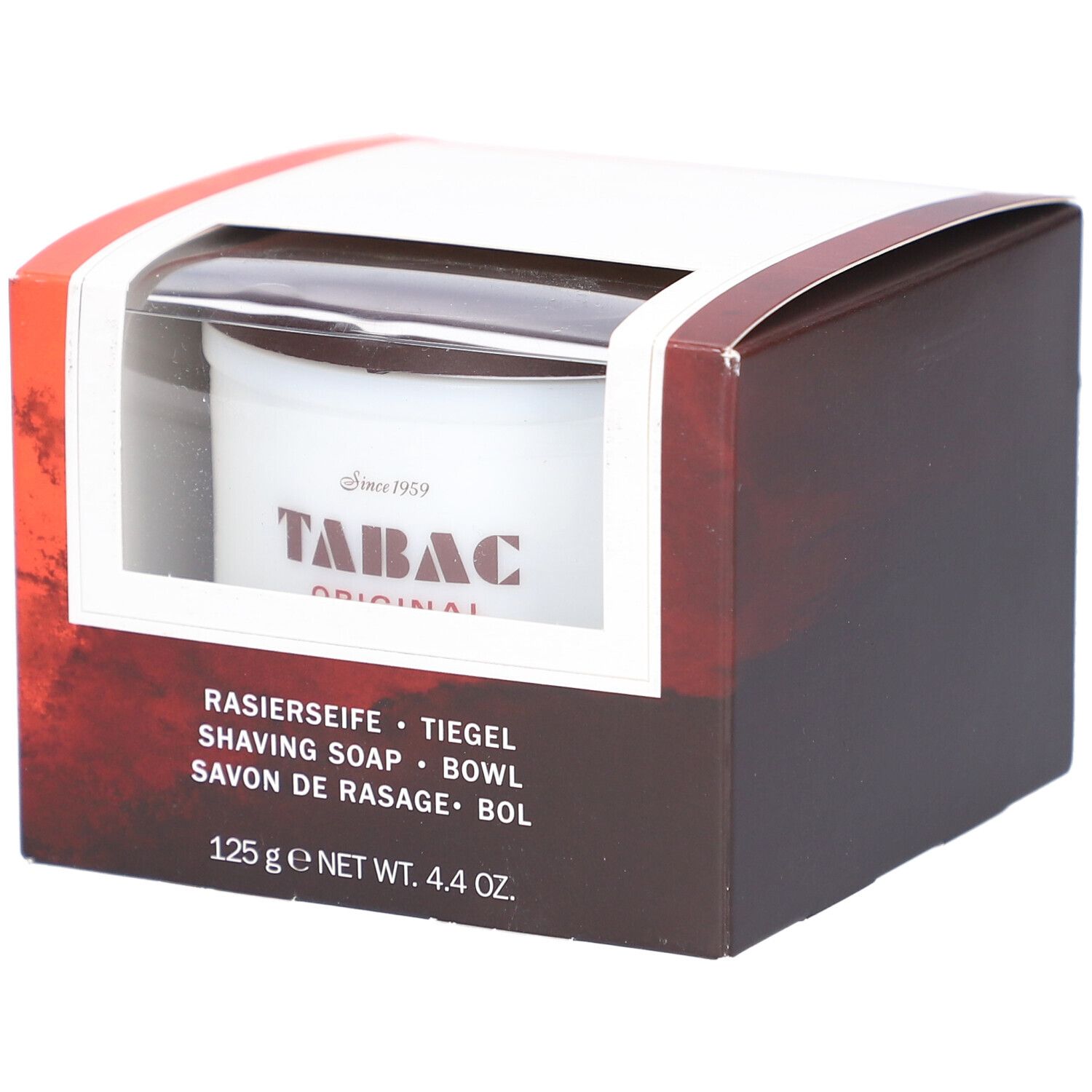 Verpakking met scheerzeep. Zichtbaar: pot met "TABAC ORIGINAL" logo. Tekst: "SHAVING SOAP", "125 g". 
