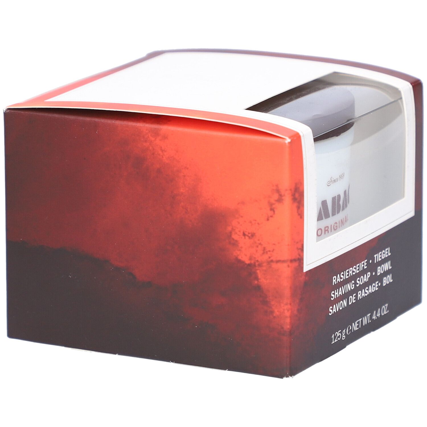Zijaanzicht van de verpakking. Zichtbaar: "TABAC ORIGINAL" logo, tekst: "SHAVING SOAP", "125 g". 