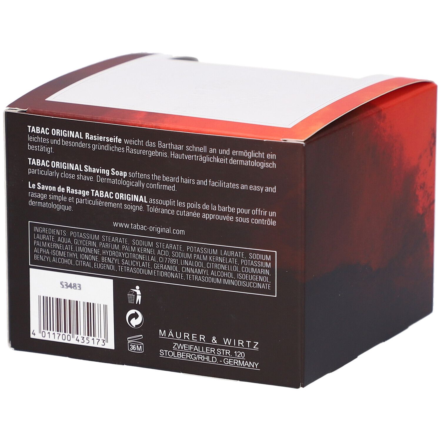 Achterkant van de verpakking. Tekst: ingrediënten, "TABAC ORIGINAL Shaving Soap", adres fabrikant, barcode.