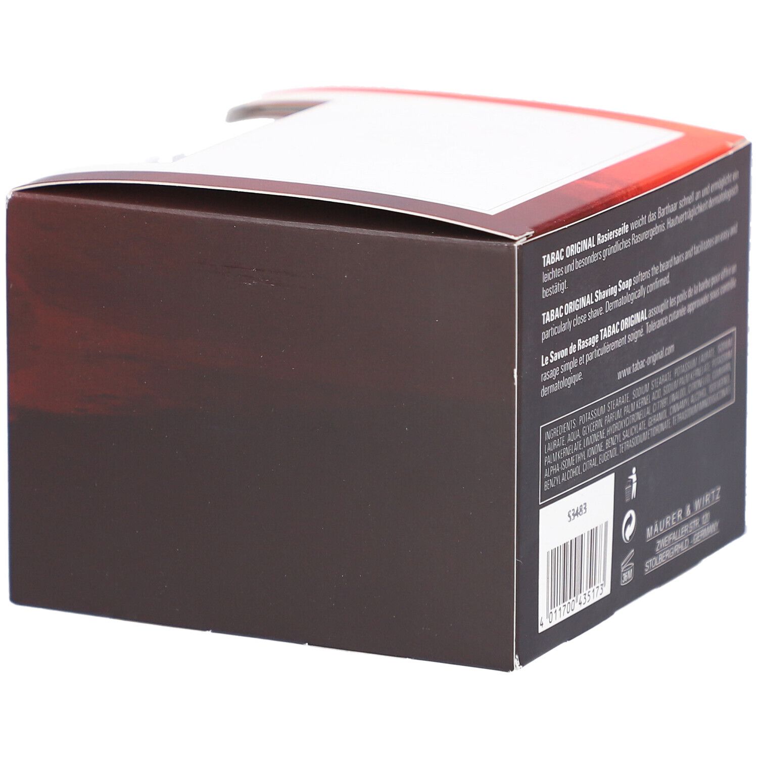 Zijaanzicht van de verpakking. Tekst: "TABAC ORIGINAL Shaving Soap", ingrediënten, adres fabrikant, barcode.