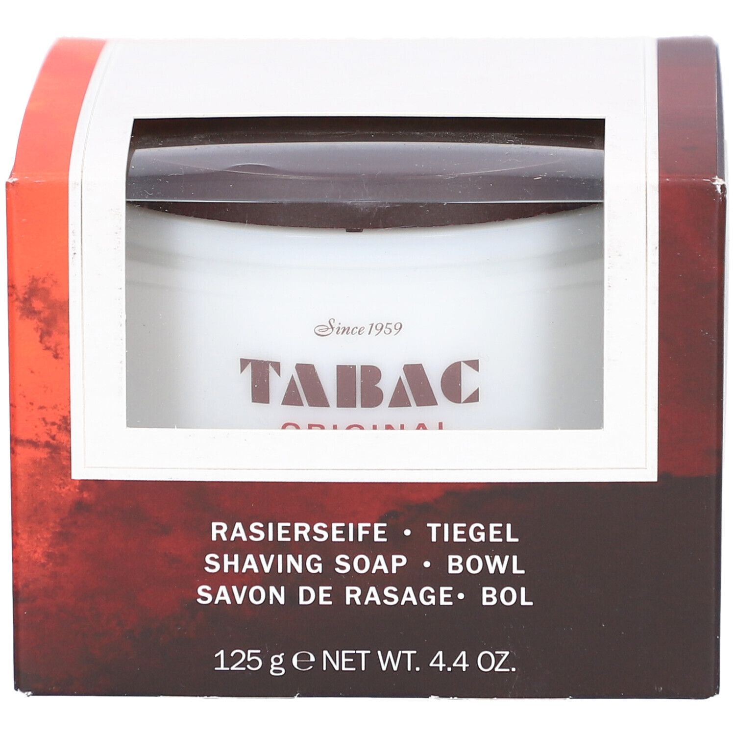 Verpakking met scheerzeep. Zichtbaar: pot met "TABAC ORIGINAL" logo. Tekst: "SHAVING SOAP", "125 g". 