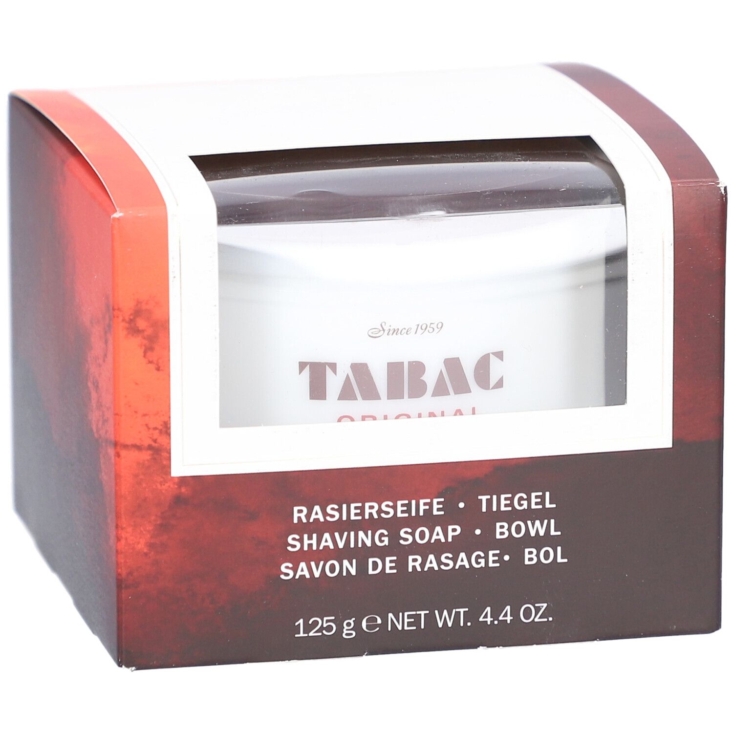 Verpakking met scheerzeep. Zichtbaar: pot met "TABAC ORIGINAL" logo. Tekst: "SHAVING SOAP", "125 g". 