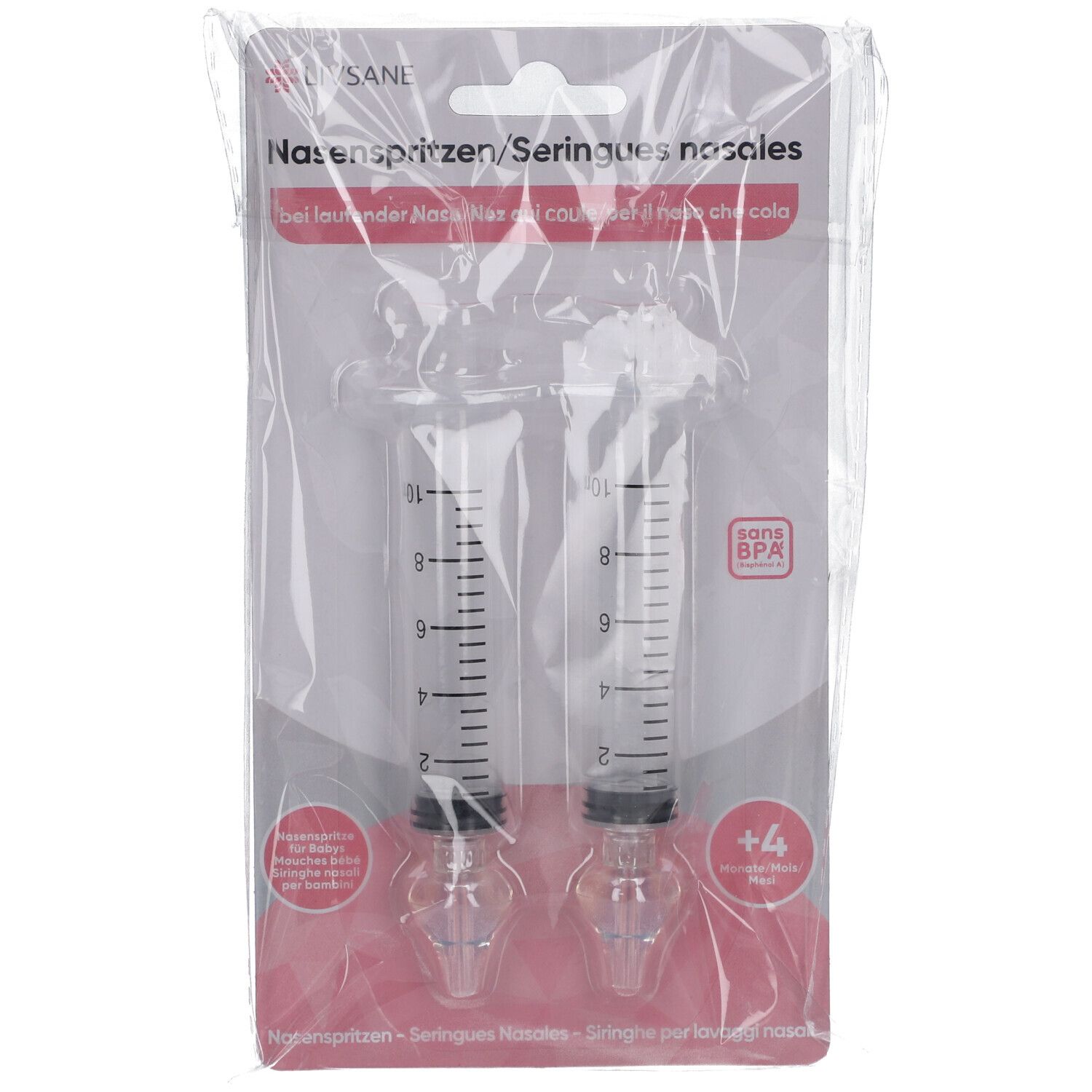 Deux seringues nasales dans un emballage blister. Plastique transparent, marquages noirs, sans BPA.