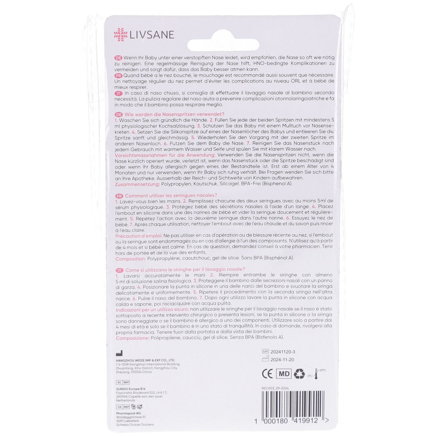 Dos de l'emballage avec texte. Contient des informations sur l'utilisation et les ingrédients.