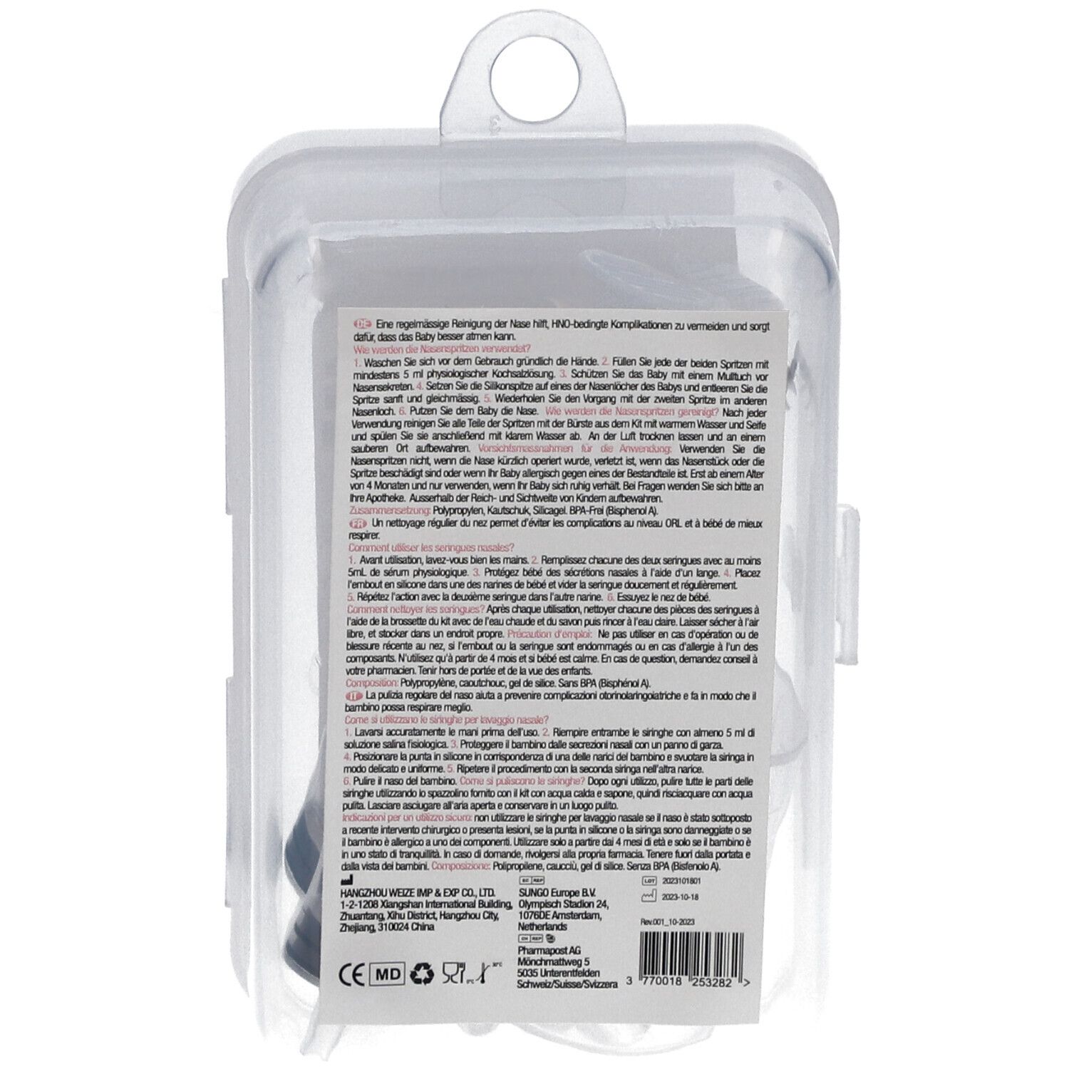 Achterkant van de verpakking met tekst en productinformatie. Transparante doos.