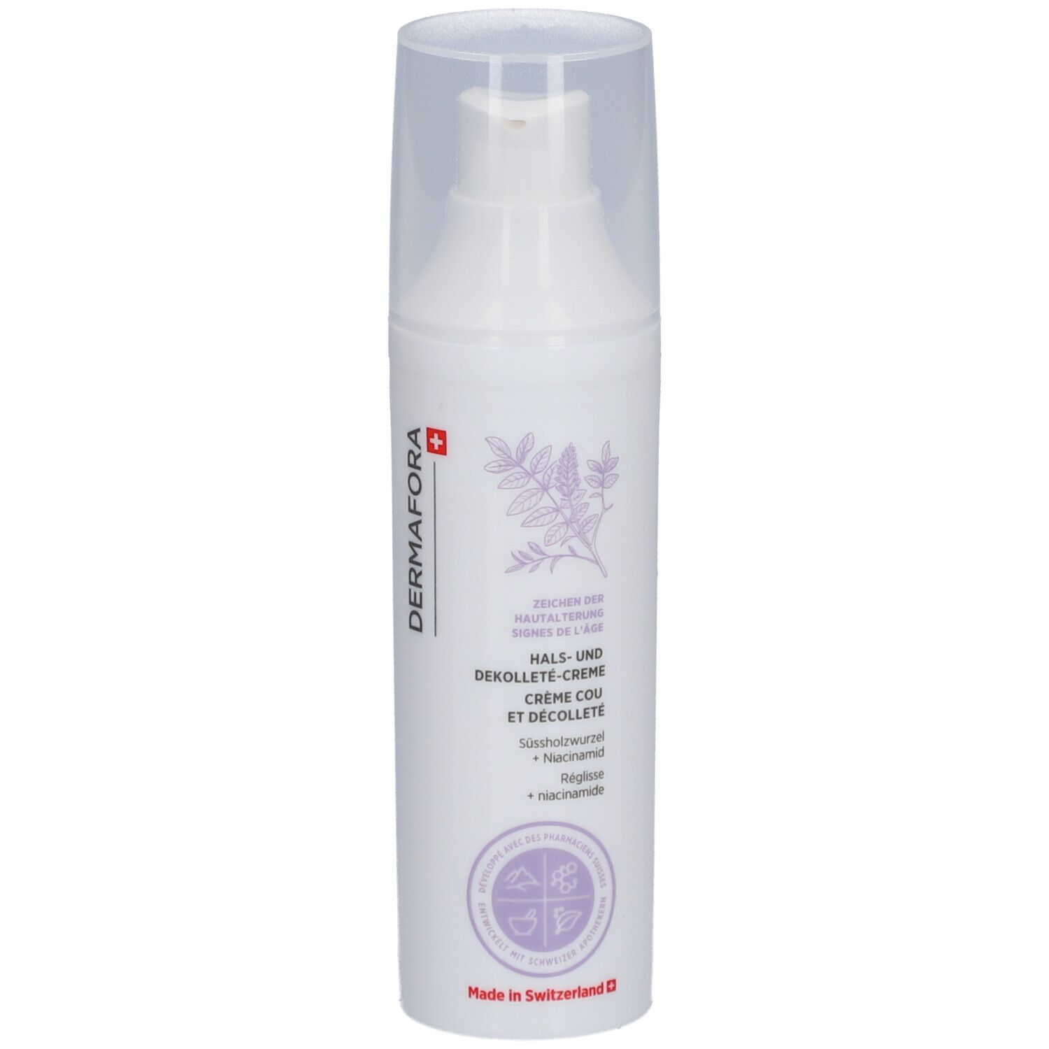 Witte fles met pompsluiting. Opschrift: Dermafora, Hals- en Décolletécrème. Met Zwitsers kruis.