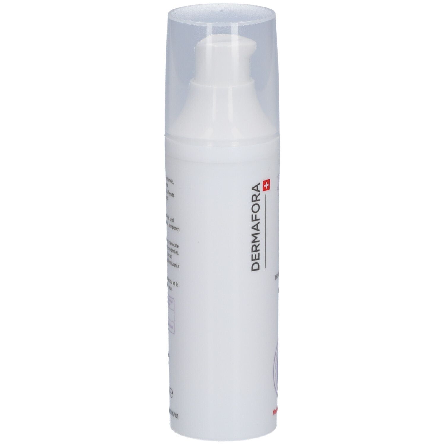 Witte fles met pompsluiting. Opschrift: Dermafora. Productinformatie op de zijkant.