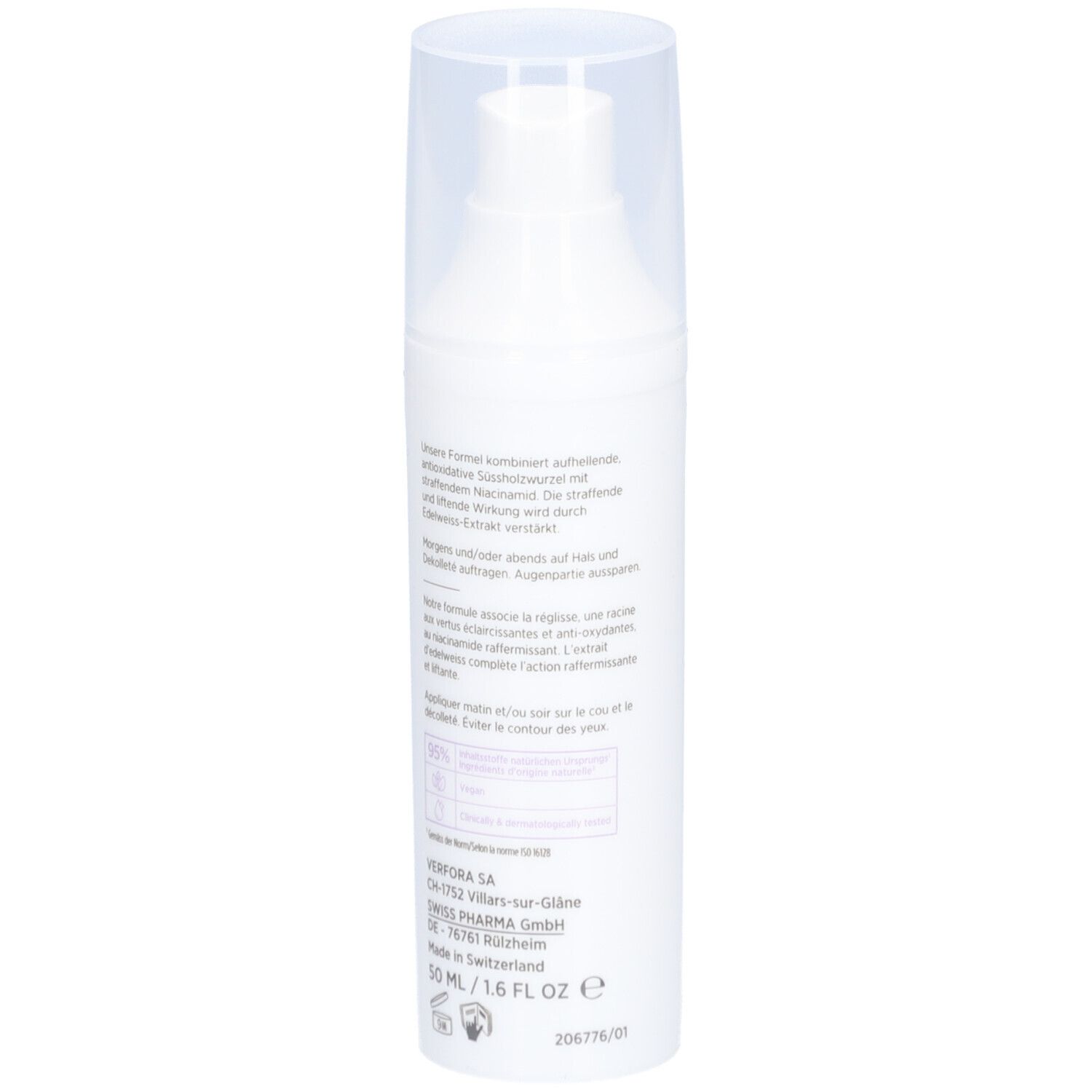 Witte fles met pompsluiting. Productinfo en ingrediënten. Opschrift: 50 ml / 1.6 FL OZ.