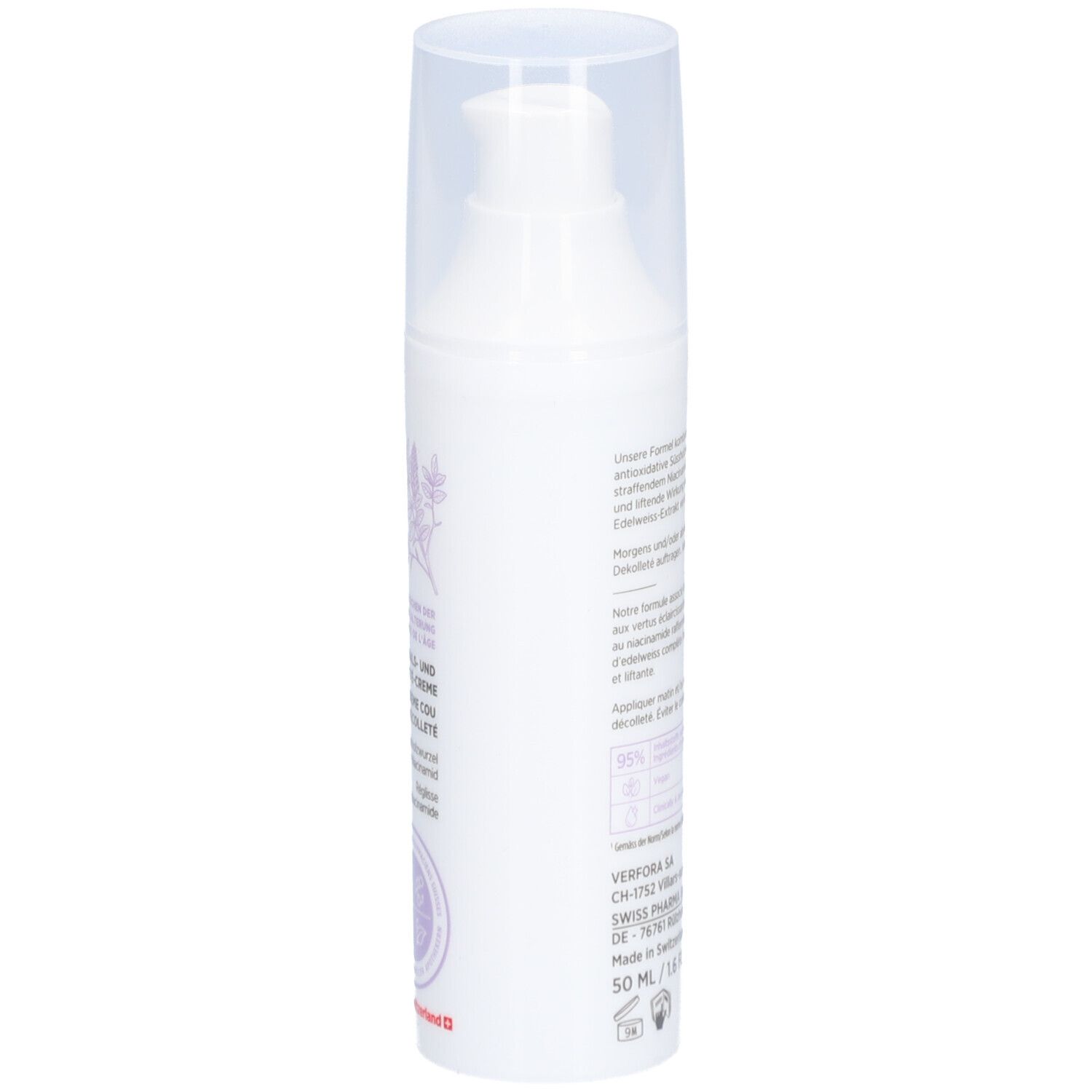 Witte fles met pompsluiting. Productinfo op de zijkant. Opschrift: 50 ml / 1.6 FL OZ.