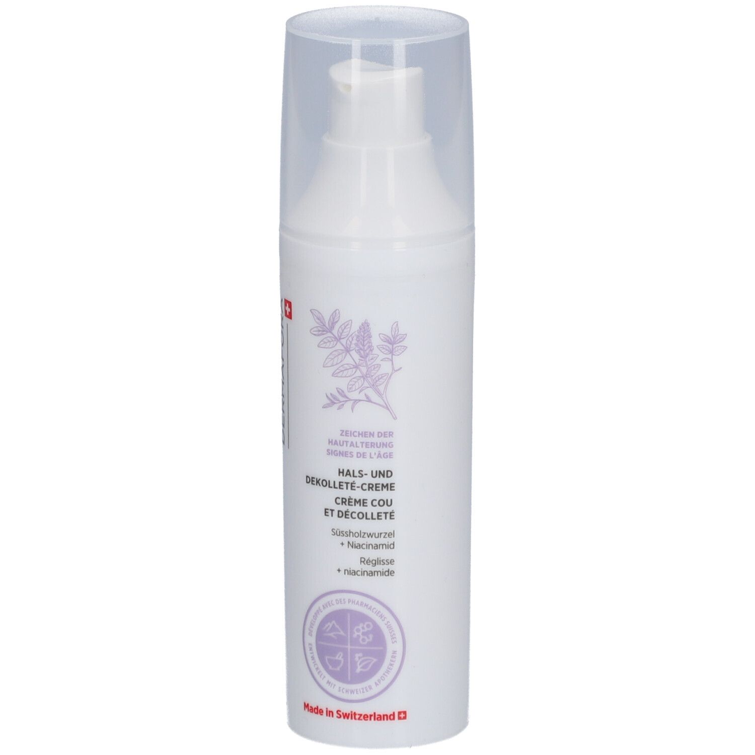 Witte fles met pompsluiting. Opschrift: Dermafora, Hals- en Décolletécrème. Met Zwitsers kruis.