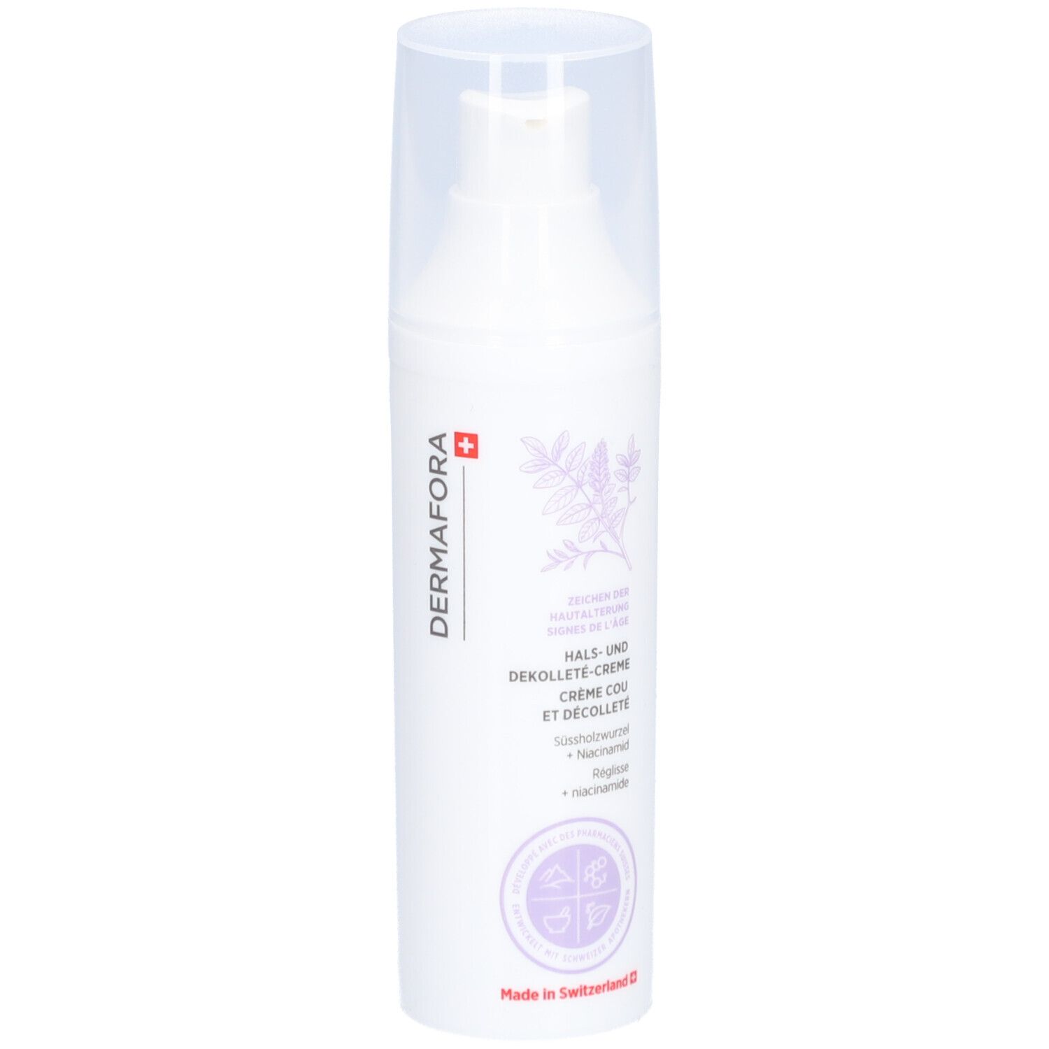 Witte fles met pompsluiting. Opschrift: Dermafora, Hals- en Décolletécrème. Met Zwitsers kruis.