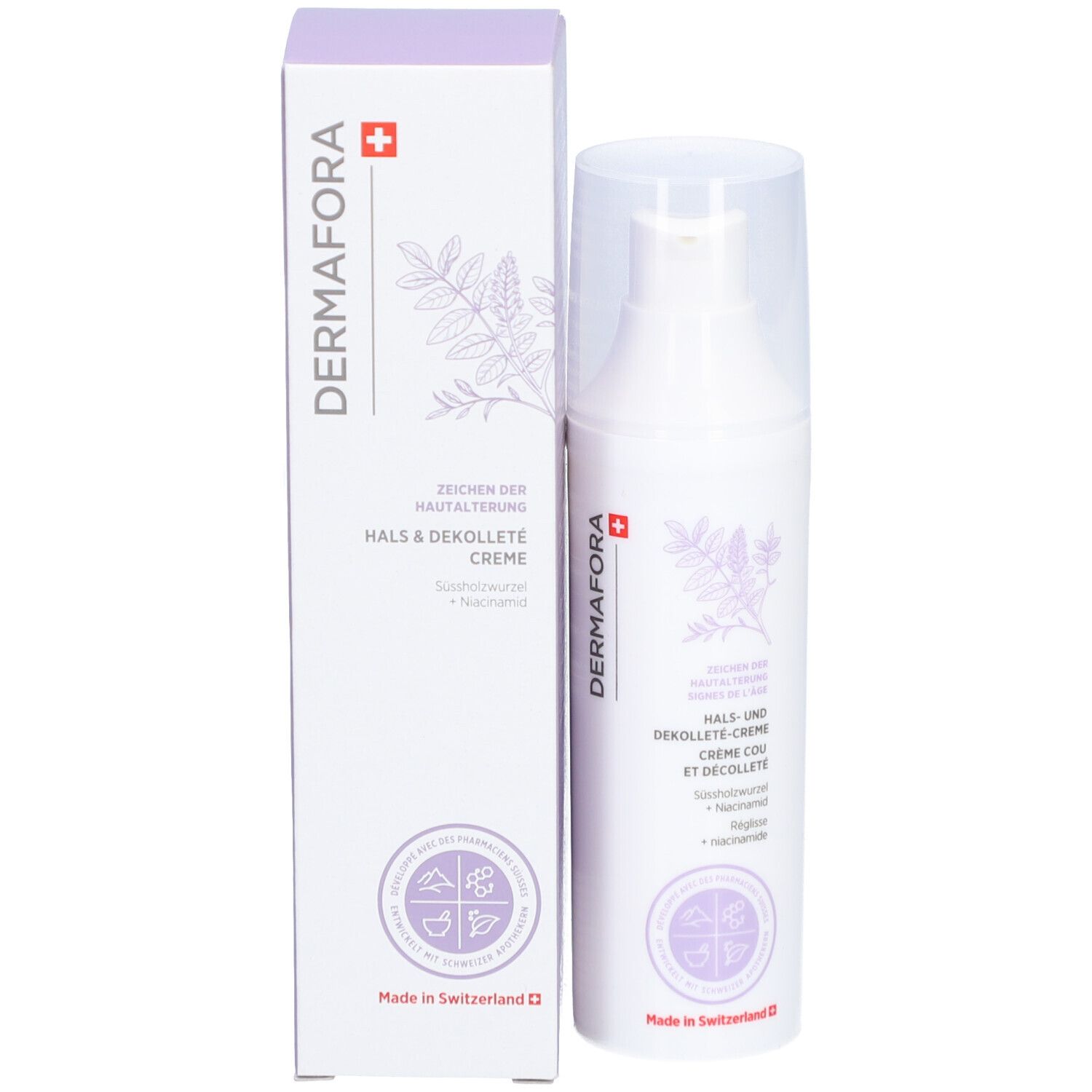 Productfles met verpakking. Opschrift: Dermafora, Hals- en Décolletécrème. Met Zwitsers kruis.