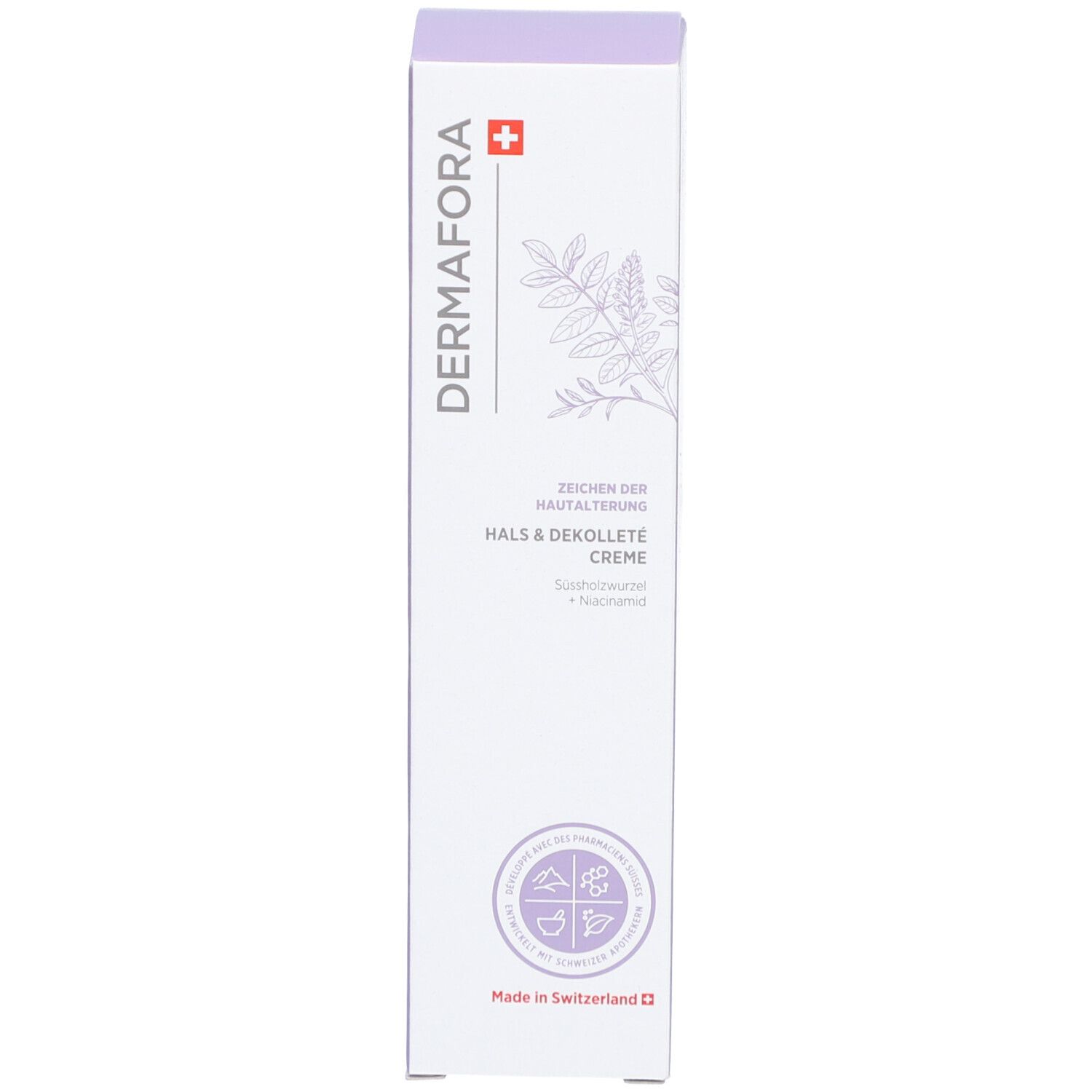 Verpakking. Opschrift: Dermafora, Hals- en Décolletécrème. Met Zwitsers kruis.