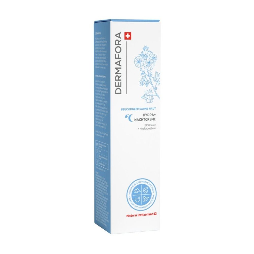 Blauw-witte verpakking van DERMAFORA Nachtcrème Hydra+. Zwitsers kruis en bloemmotief. Tekst: Vochtarm huid.