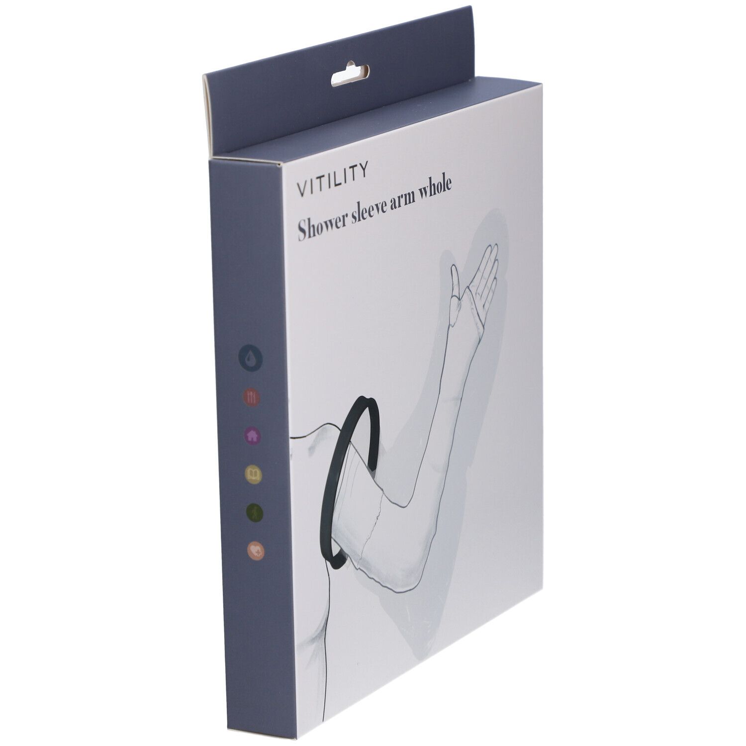 Vue latérale de l'emballage. Inscription : VITILITY, Shower sleeve arm whole. Anneau noir et protection de bras. Points colorés.