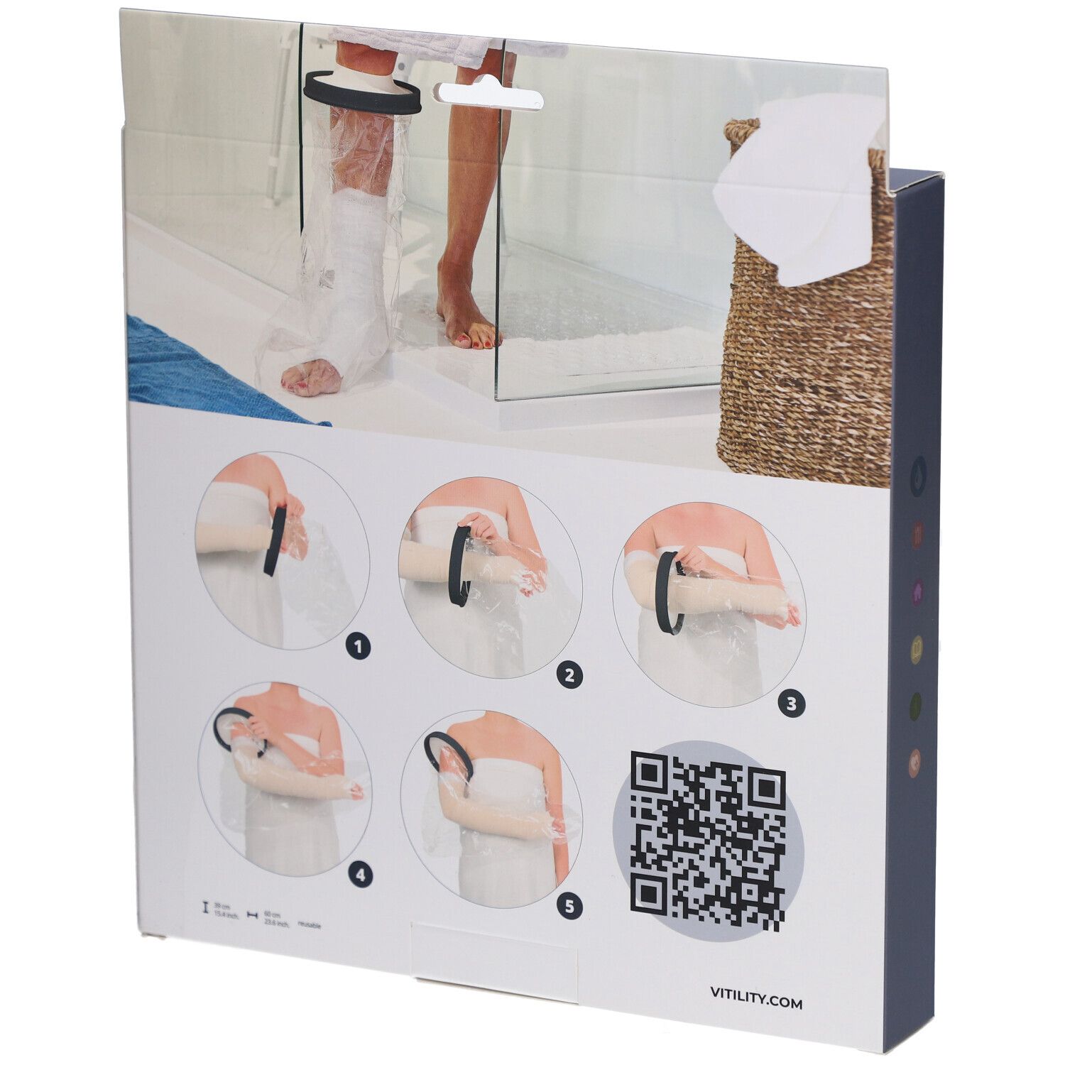 Dos de l'emballage avec exemples d'utilisation. Code QR et VITILITY.COM. Produit : Protection de douche pour bras.