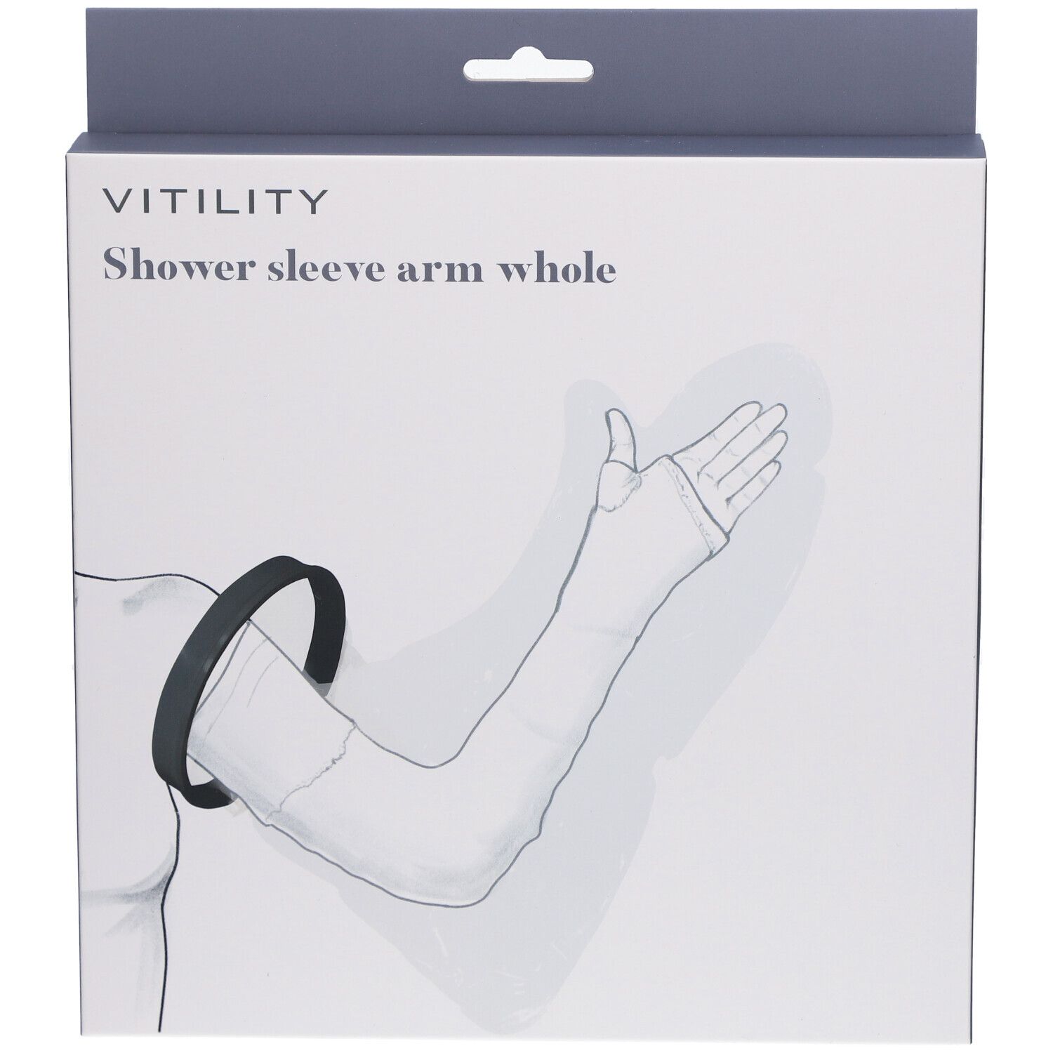 Emballage avec illustration du produit. Inscription : VITILITY, Shower sleeve arm whole. Anneau noir et protection de bras.