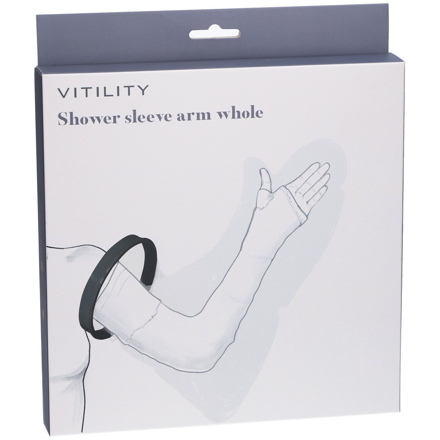 Emballage avec illustration du produit. Inscription : VITILITY, Shower sleeve arm whole. Anneau noir et protection de bras.