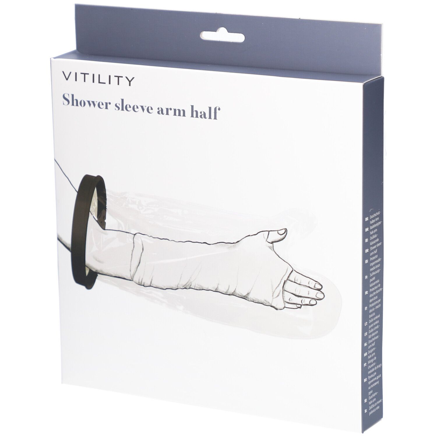 Verpakking met productafbeelding. Opschrift: VITILITY, Shower sleeve arm half. Zwarte ring en transparante hoes.