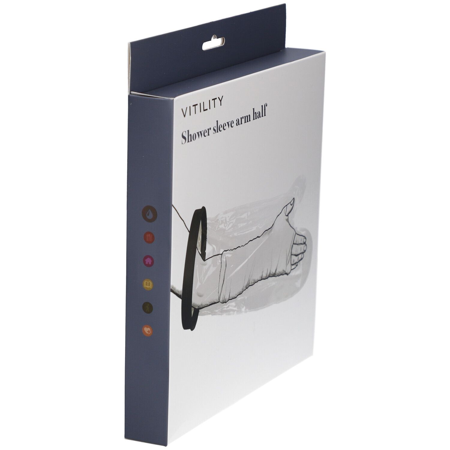 Zijaanzicht van de verpakking. Opschrift: VITILITY, Shower sleeve arm half. Gekleurde stippen. Zwarte ring en transparante hoes.