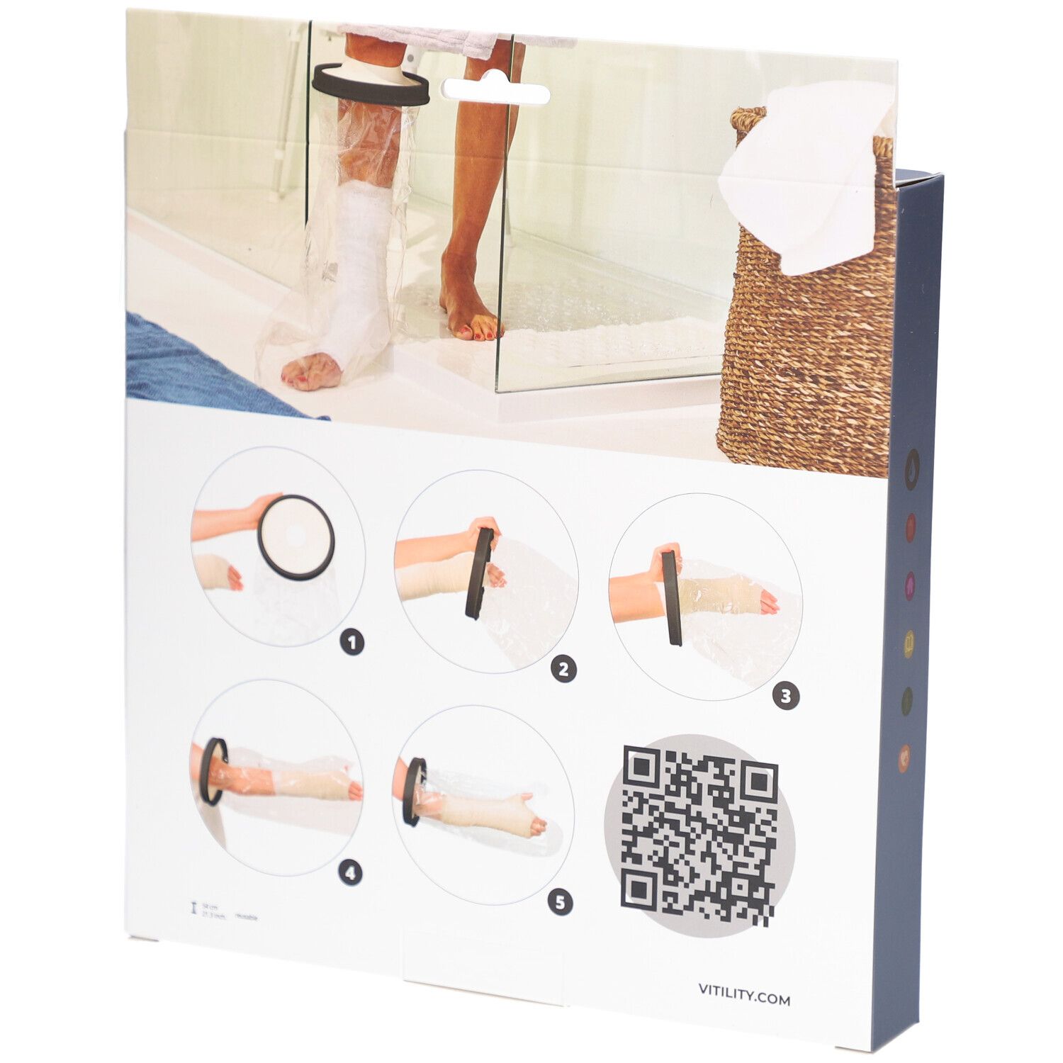 Achterkant van de verpakking. Illustraties voor gebruik. QR-code. Opschrift: VITILITY.COM. Zwarte ring en transparante hoes.