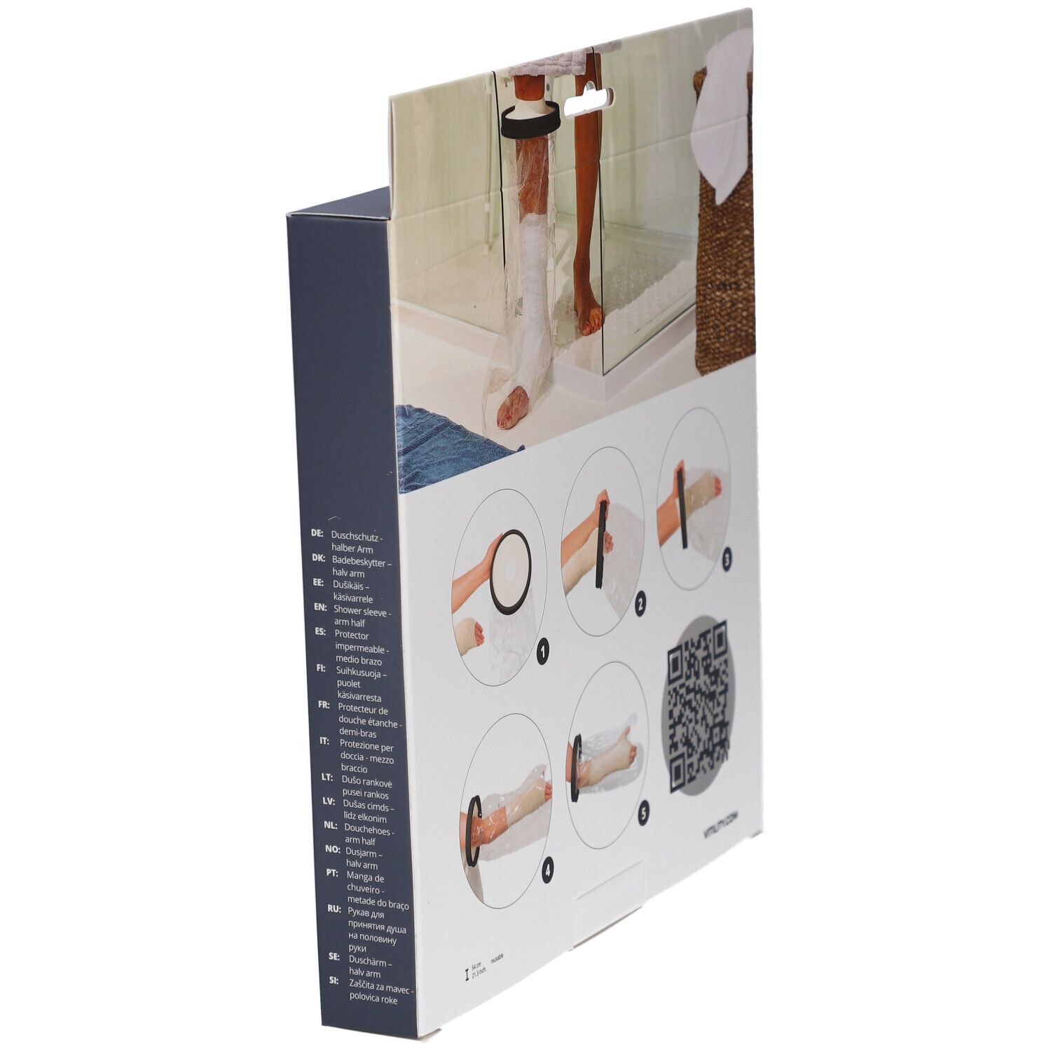 Zijaanzicht van de achterkant van de verpakking. Illustraties voor gebruik. Opschrift: VITILITY.COM. Zwarte ring en transparante hoes.