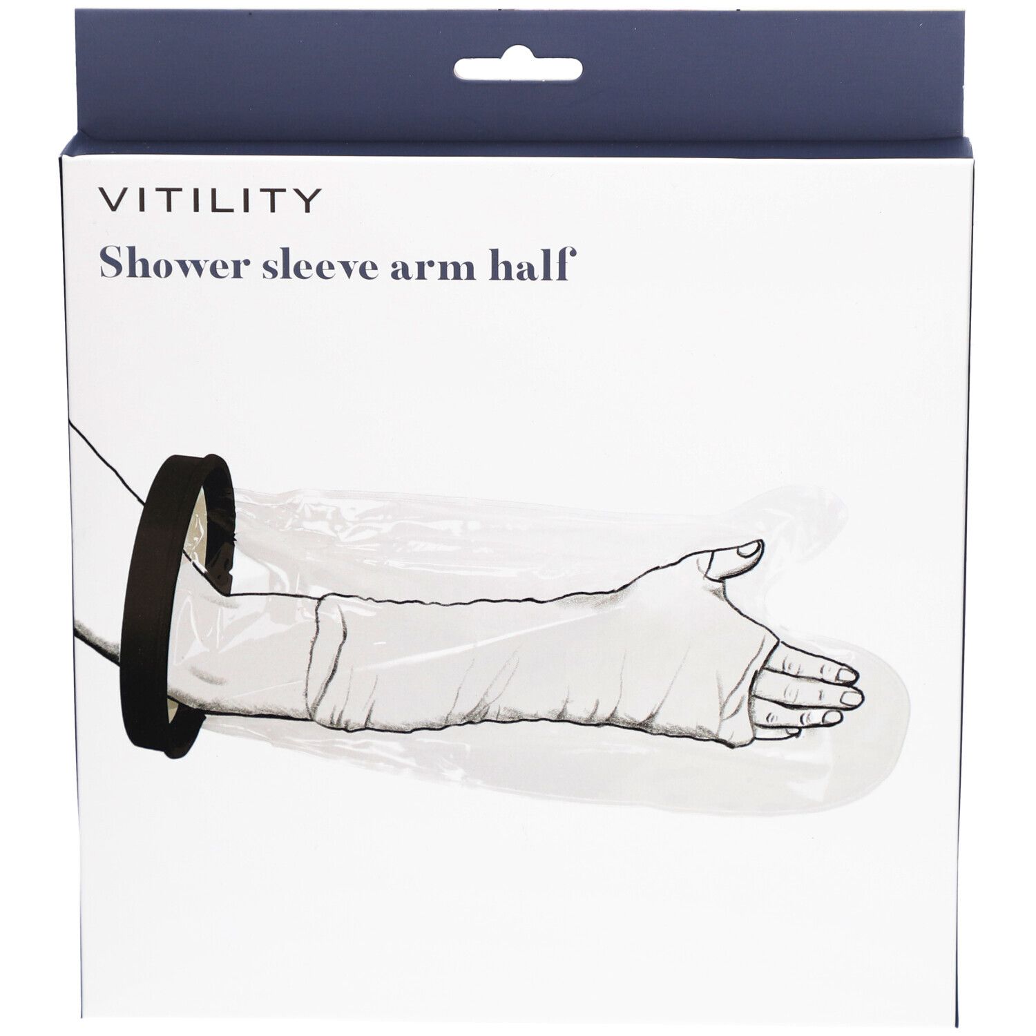 Verpakking met productafbeelding. Opschrift: VITILITY, Shower sleeve arm half. Zwarte ring en transparante hoes.